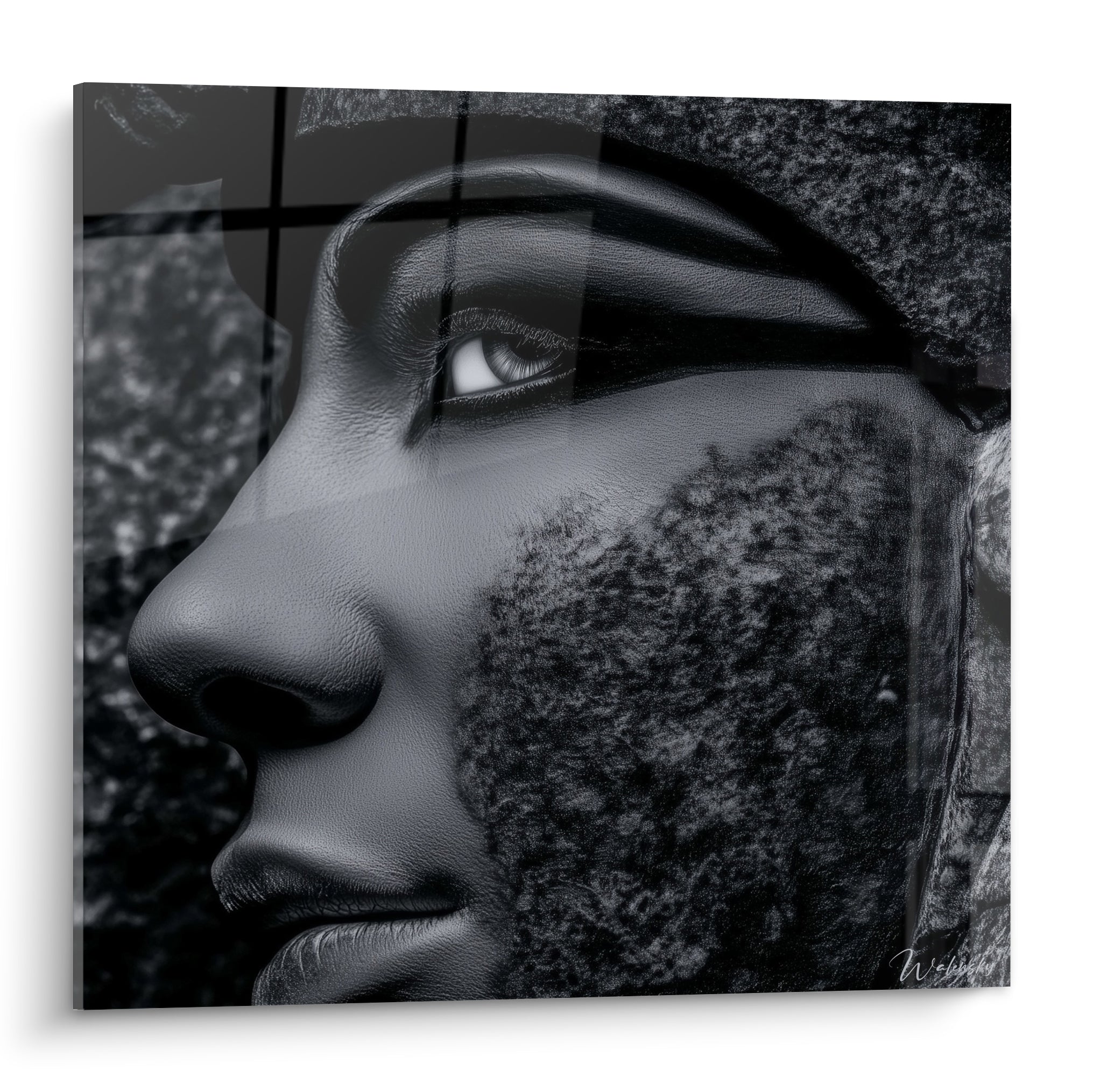 Visage pharaonique gris anthracite en profil, texture pierre et peau sculptée sur fond noir