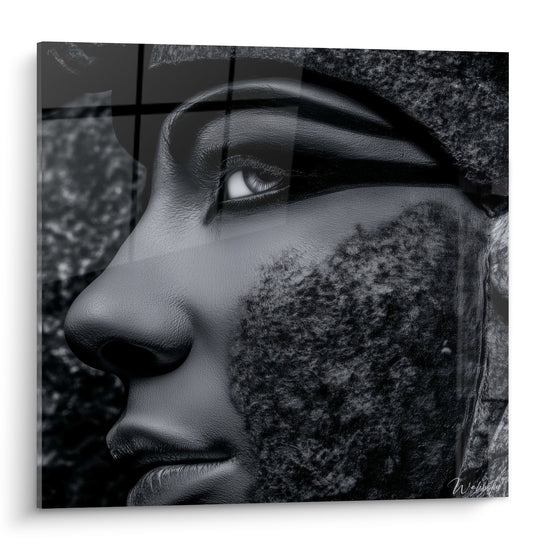 Visage pharaonique gris anthracite en profil, texture pierre et peau sculptée sur fond noir