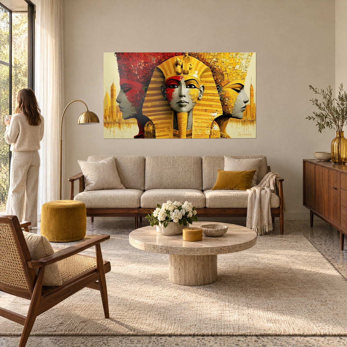 Wall art pharaoh in gold and red nemes, two grey twin profiles, ochre city skyline, hung above a sofa in a bright living room