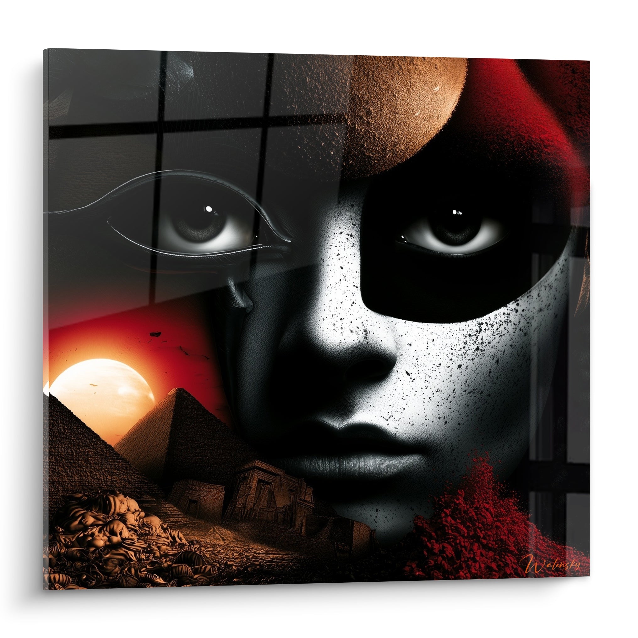Visage anthracite et sphère orangée composent ce tableau égypte aux pyramides rouges en fond