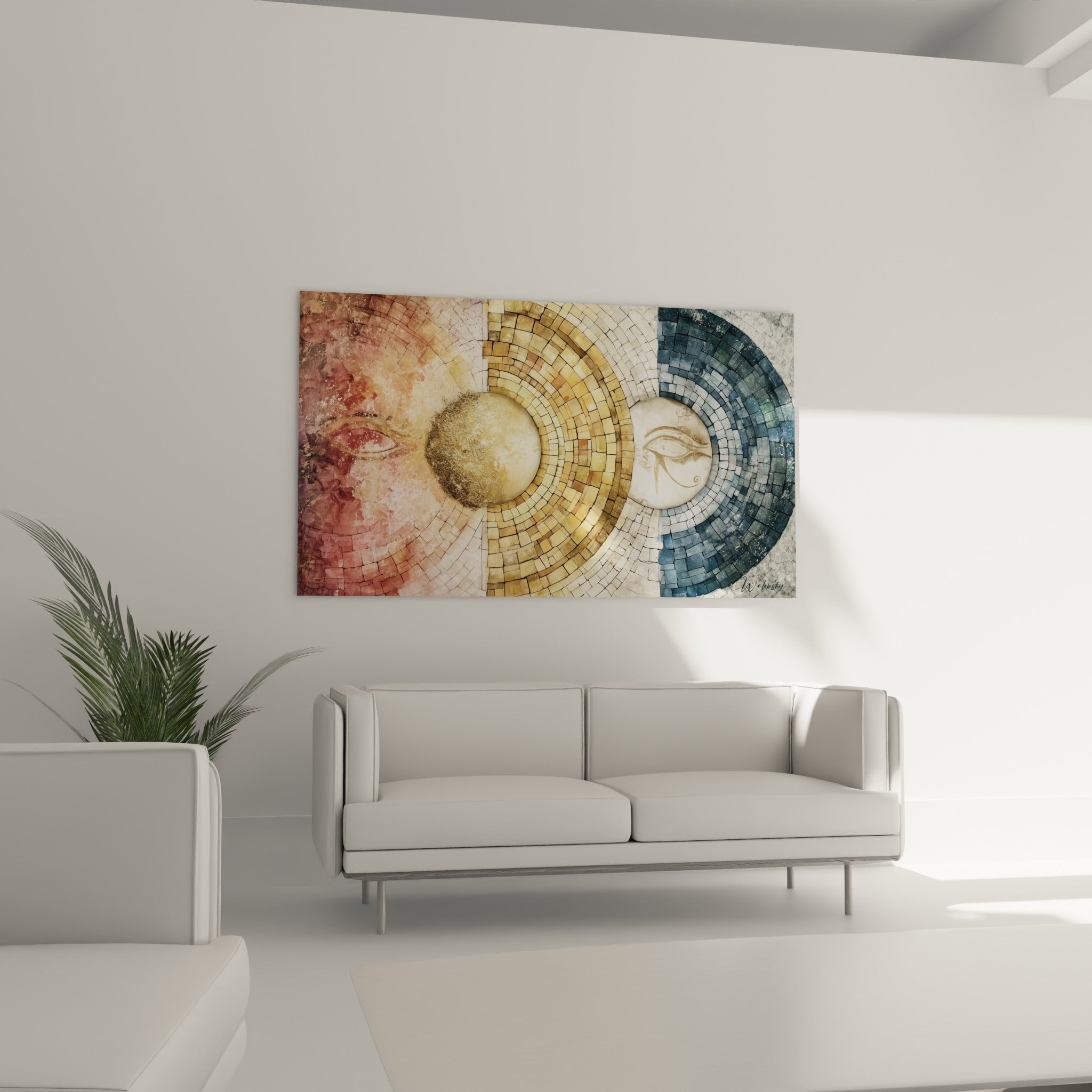 Visage rose poudré et œil gravé du tableau égypte, disposé au-dessus d'un canapé dans un salon lumineux