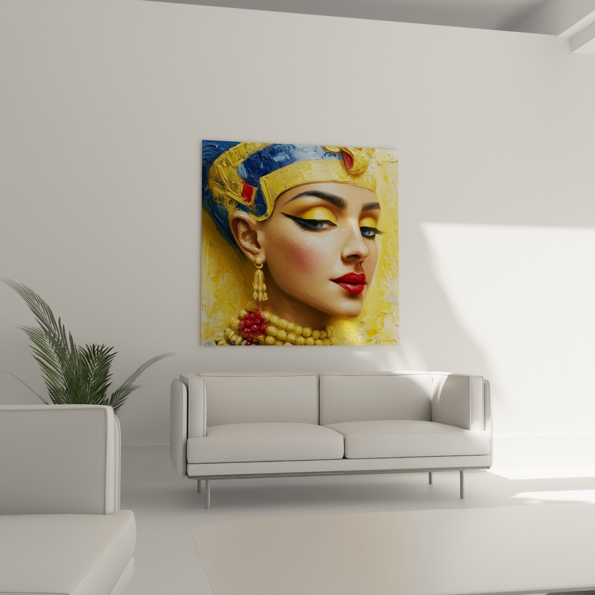 Visage royal ocre et bleu marine, bijoux dorés détaillés, au-dessus d'un canapé dans un salon lumineux