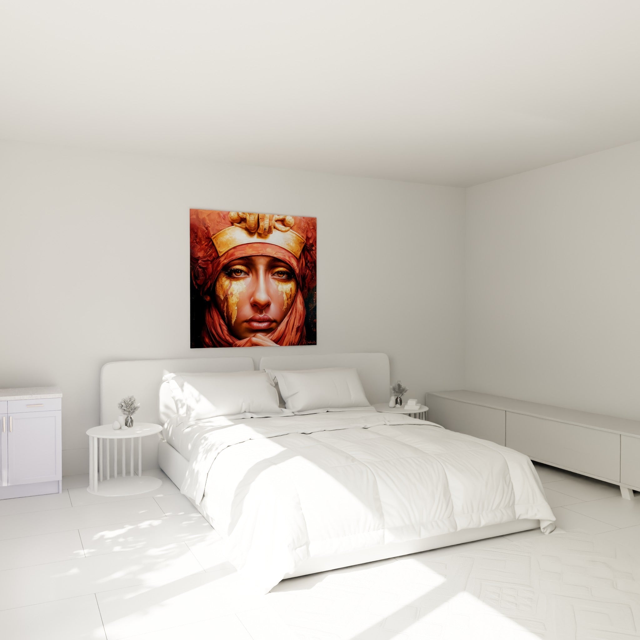 Visage de souveraine égyptienne aux larmes d'or, terracotta et doré, au-dessus d'un lit dans une chambre claire