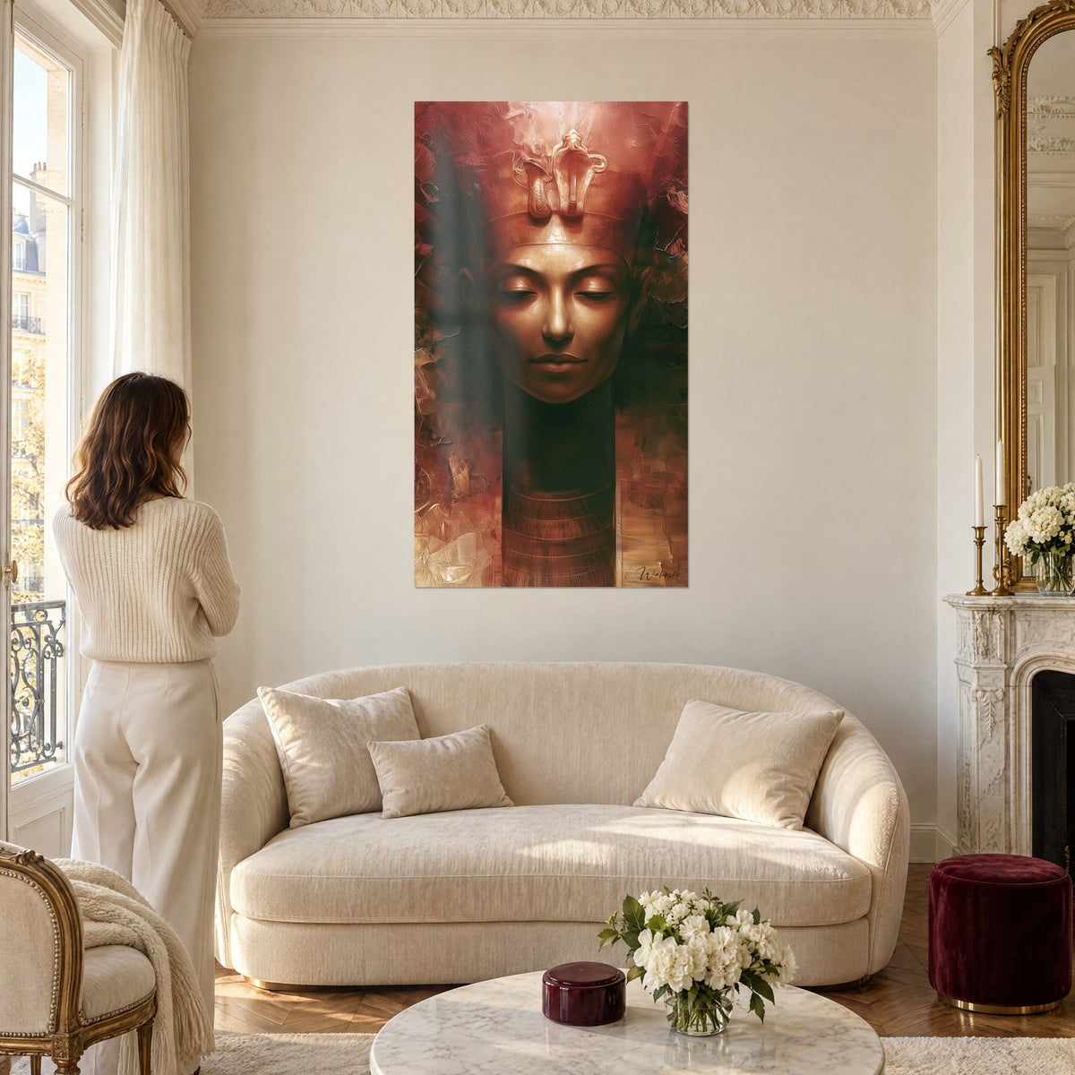 Wall art of an Egyptian queen with closed eyelids, copper headdress and golden cobra, woman seen from behind, above a sofa in a bright living room