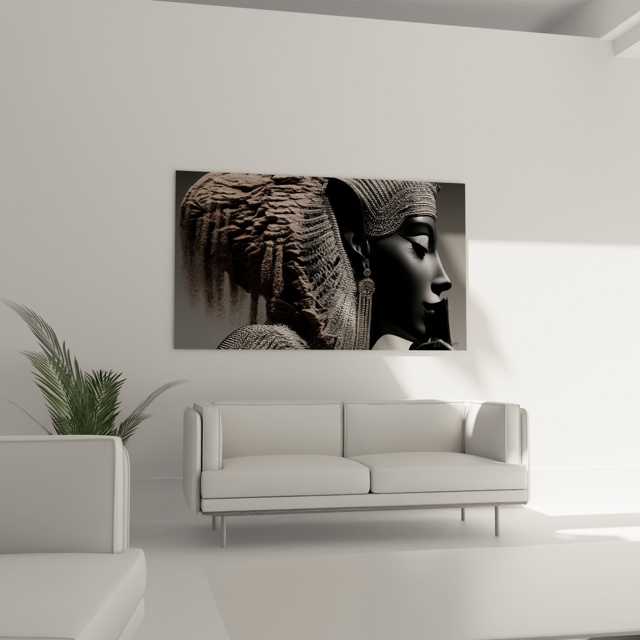 Visage de reine égyptienne aux tons anthracite et beige sable, au-dessus d'un canapé dans un salon lumineux