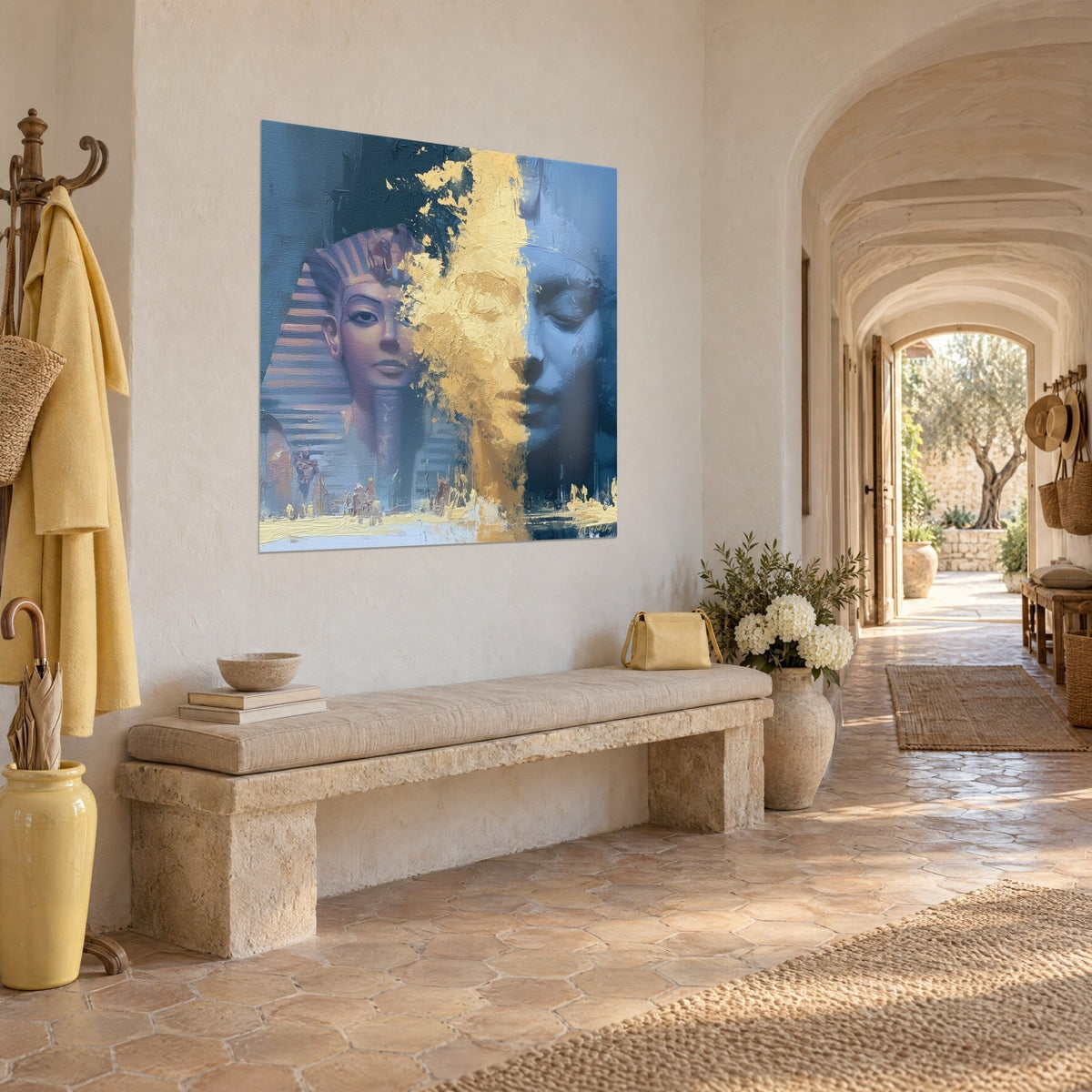 Wall art royal sphinx melting into a sleeping blue profile, golden palette-knife strokes, seen in perspective in a farmhouse hallway