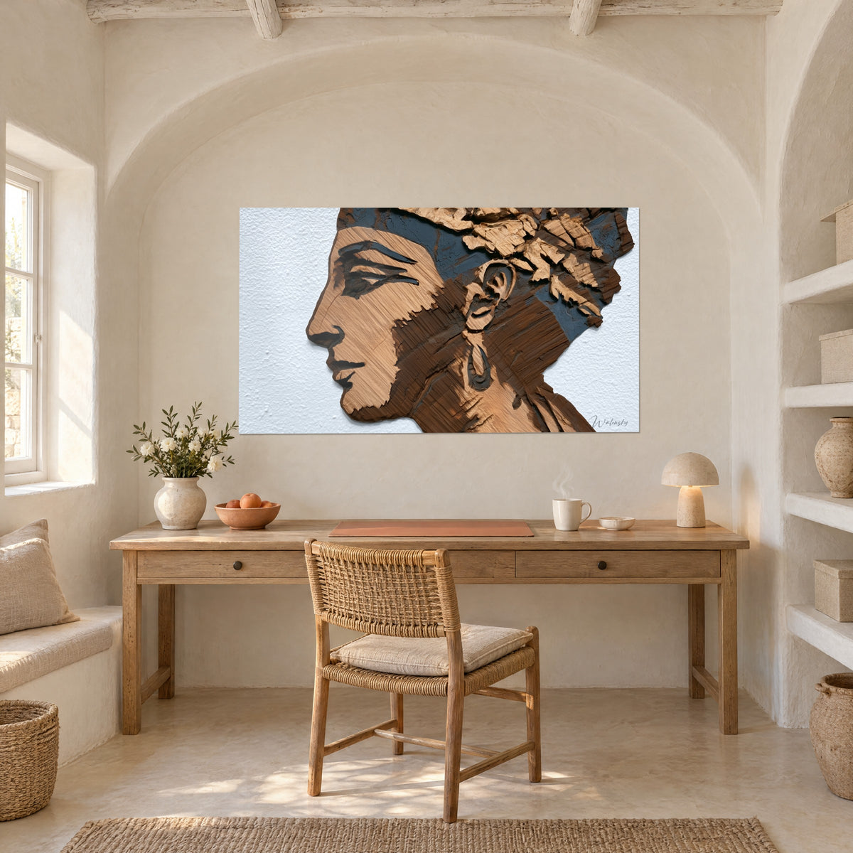 Cuadro retrato egipcio en relieve de madera marrón y gris acero, labios y nariz cincelados, colgado sobre un escritorio de madera clara
