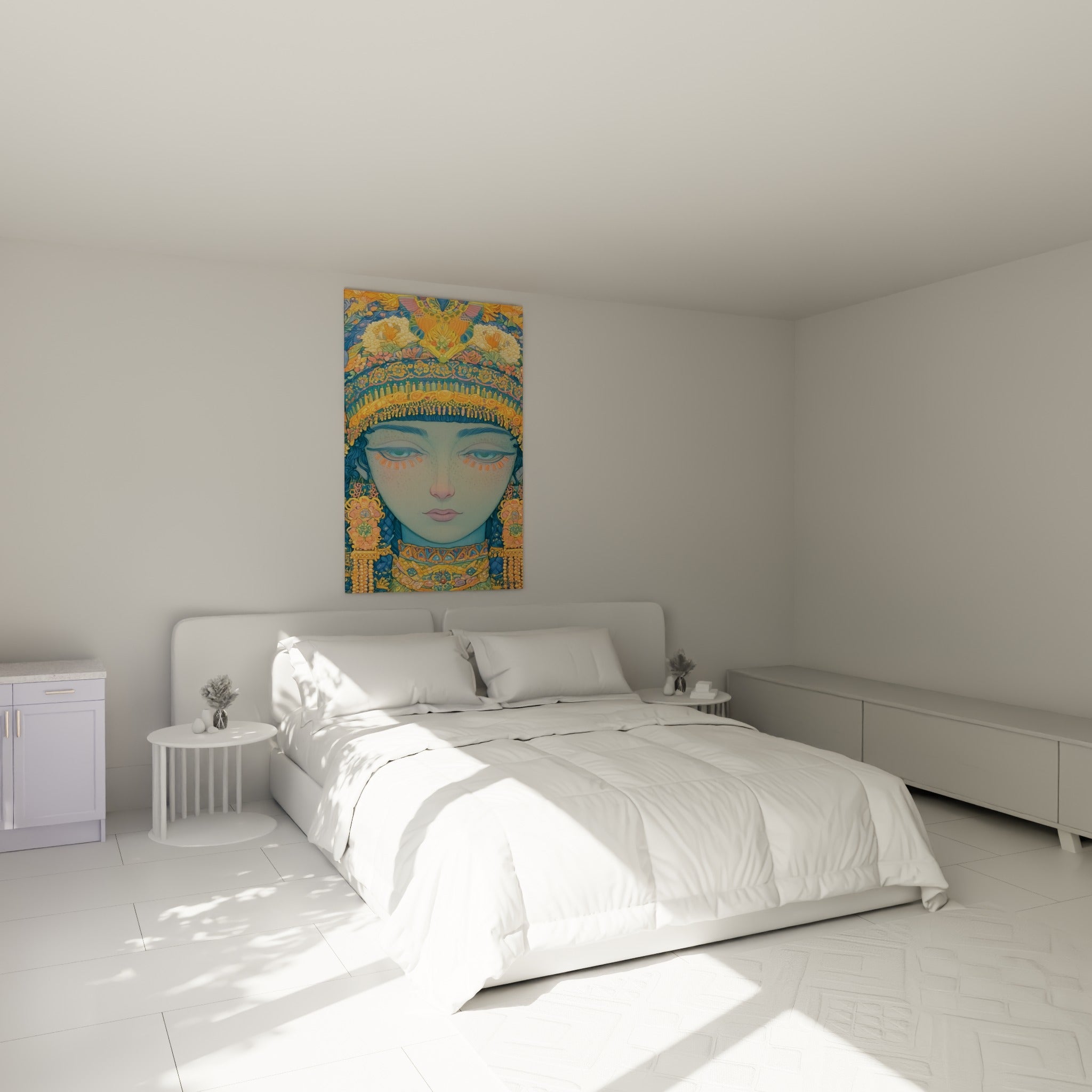 Reine égyptienne aux yeux verts et coiffe dorée, au-dessus d'un lit dans une chambre claire