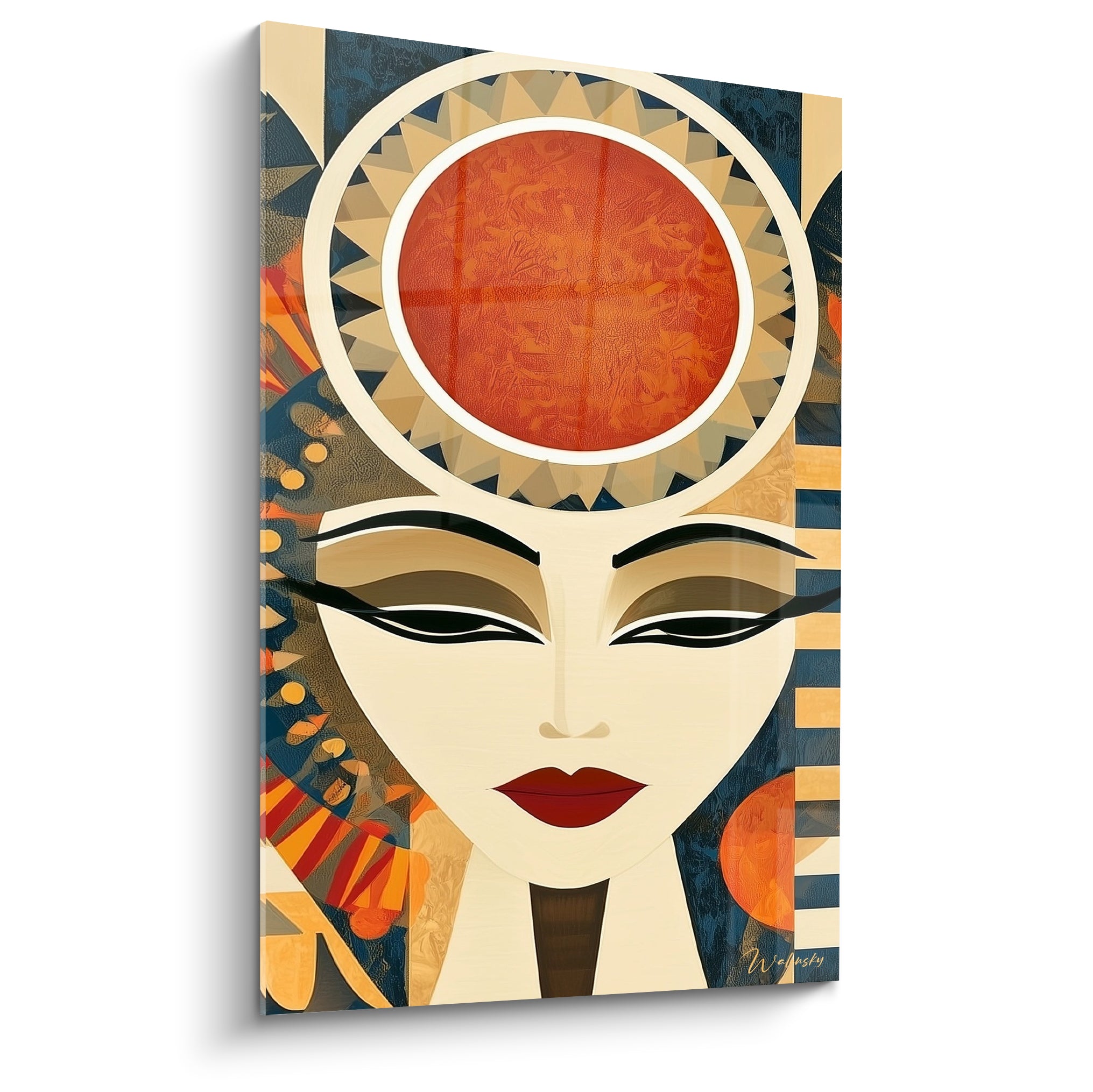 Visage égyptien stylisé aux couleurs ocre et bleu marine sous un disque solaire terracotta