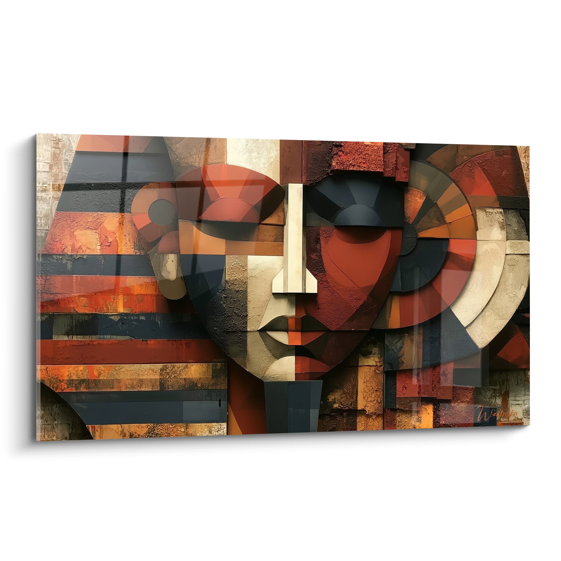Visage pharaonique géométrique terracotta et anthracite, tableau égyptien aux formes fragmentées