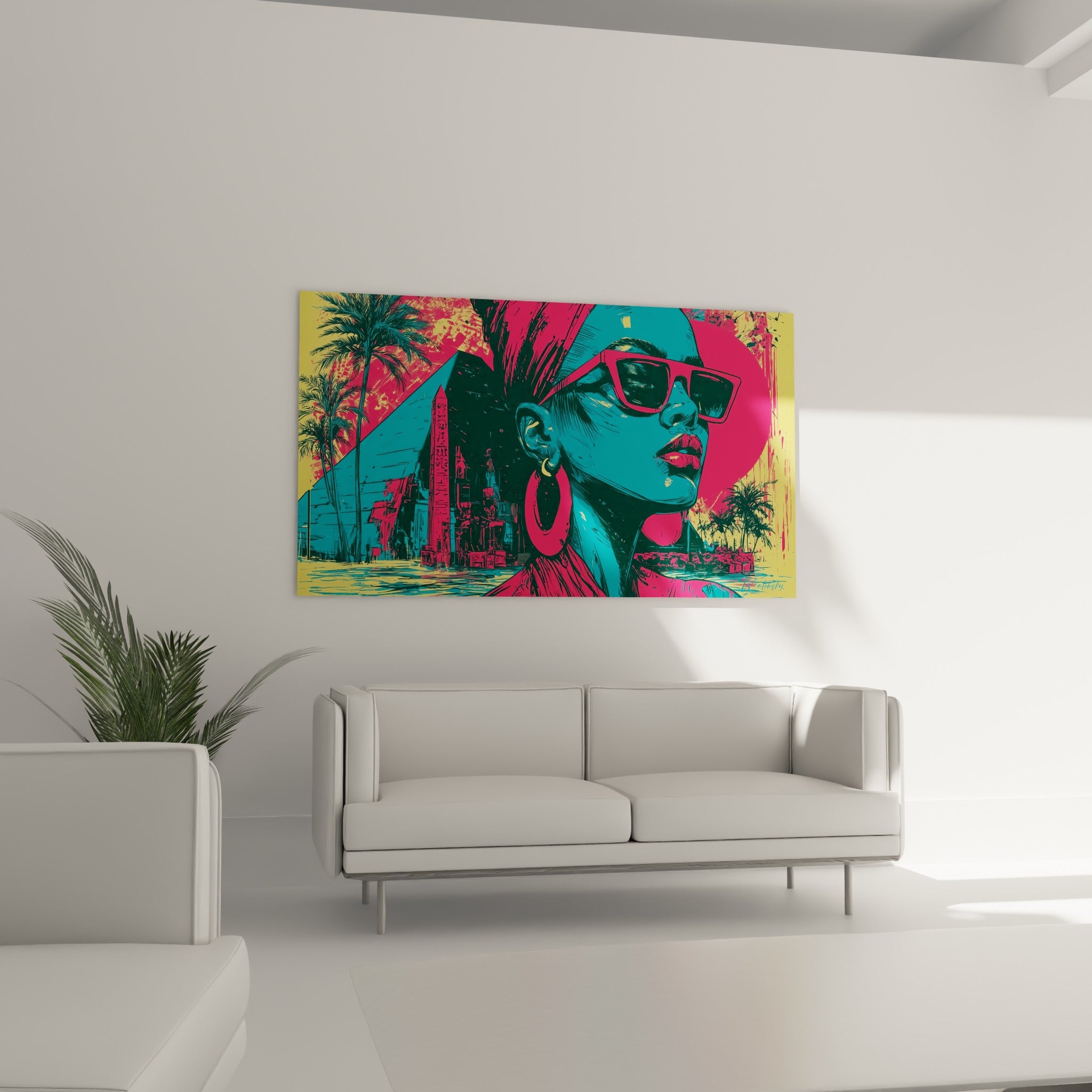 Visage stylisé aux teintes fuchsia et turquoise placé au-dessus d'un canapé dans un salon lumineux
