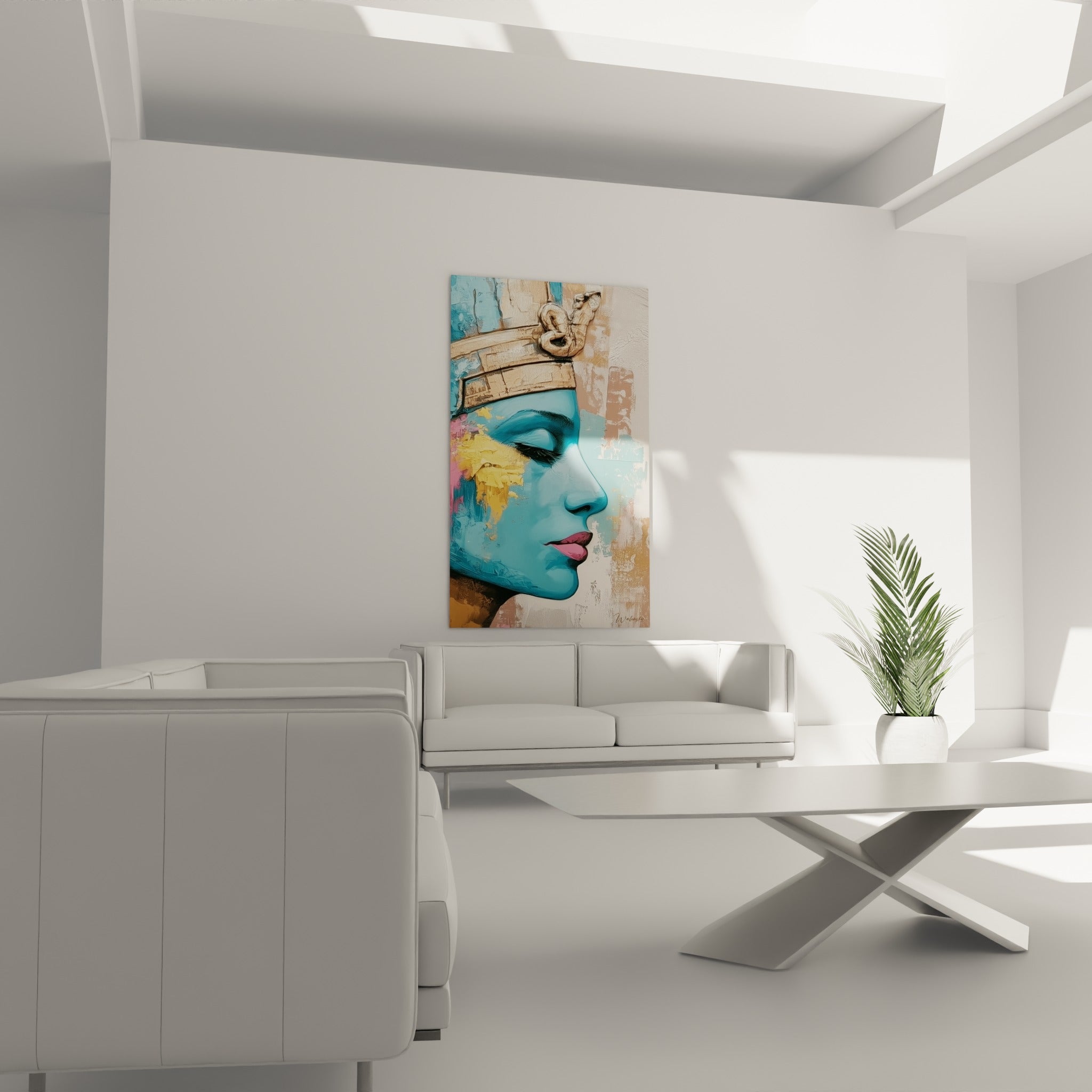 Profil de pharaonne bleu turquoise aux lèvres roses, accroché au-dessus d'un canapé dans un salon lumineux