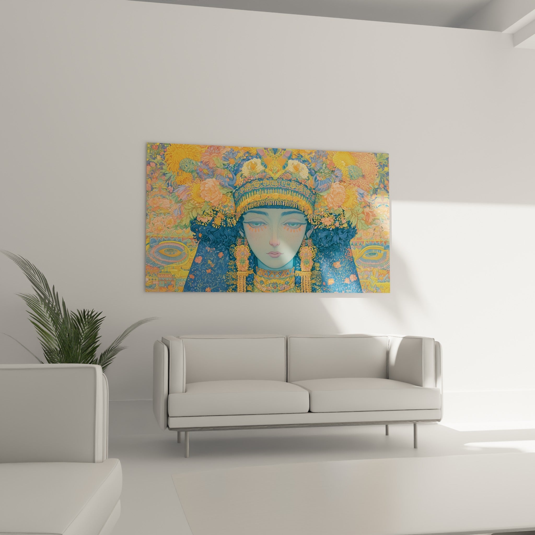 Visage stylisé aux bijoux dorés et fond floral ocre et bleu, au-dessus d'un canapé dans un salon lumineux