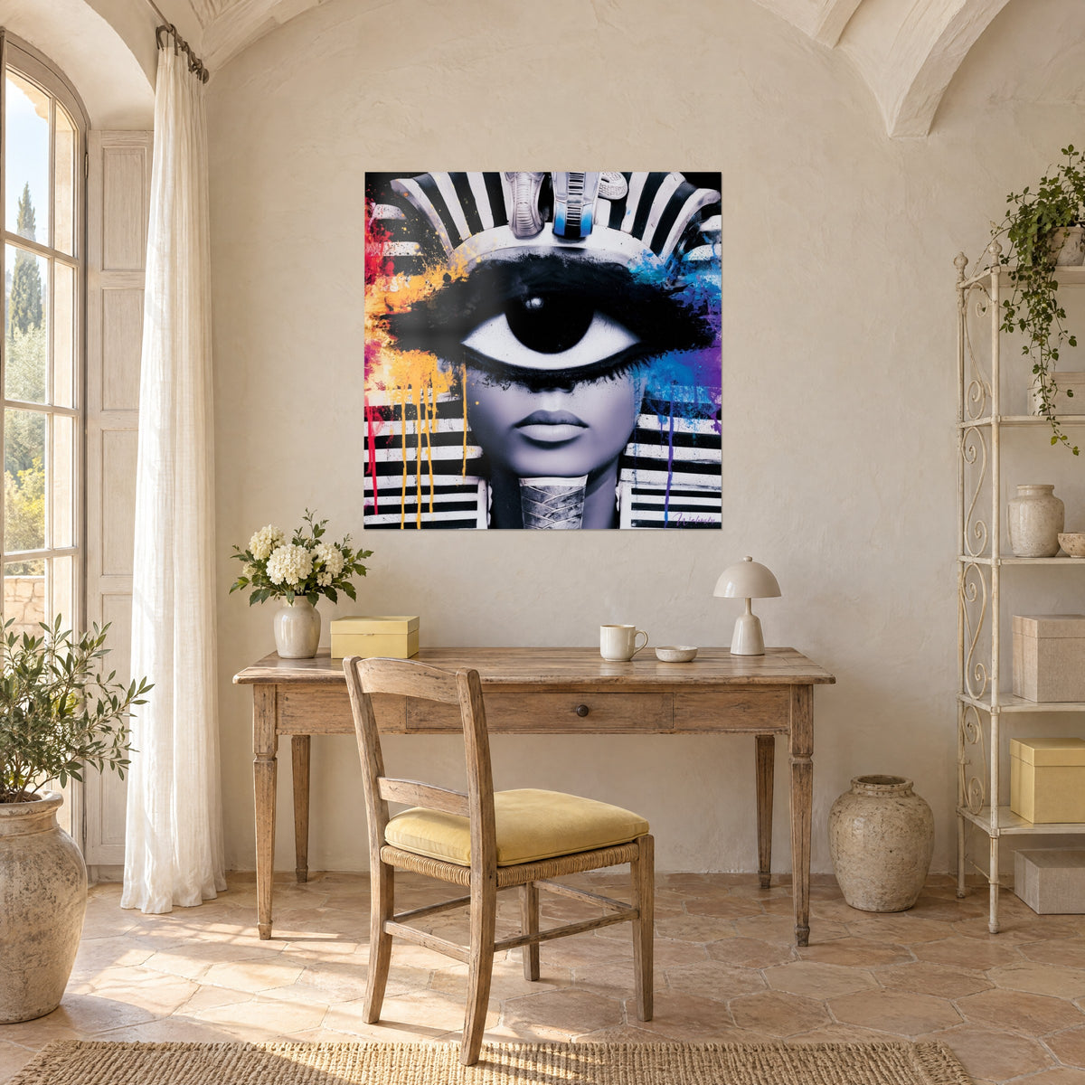 Quadro regina egizia dallo sguardo unico, bande bianche e nere, macchie giallo senape e porpora, sopra una scrivania in legno