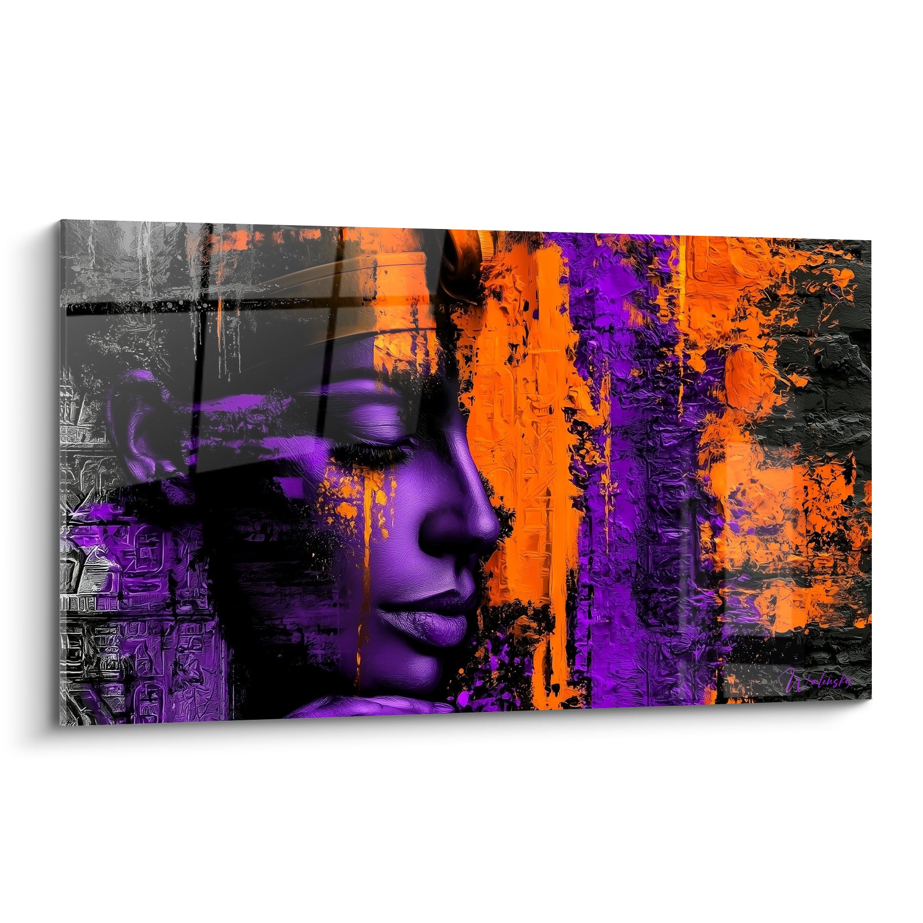 Profil féminin violet et orange évoquant l'Égypte, visage penché, texture peinte au couteau