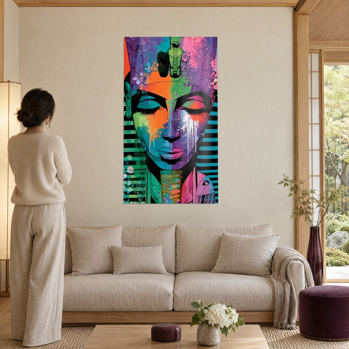 Wall art pharaoh with closed eyelids, orange, green and violet face, white drips, above a sofa in a bright living room