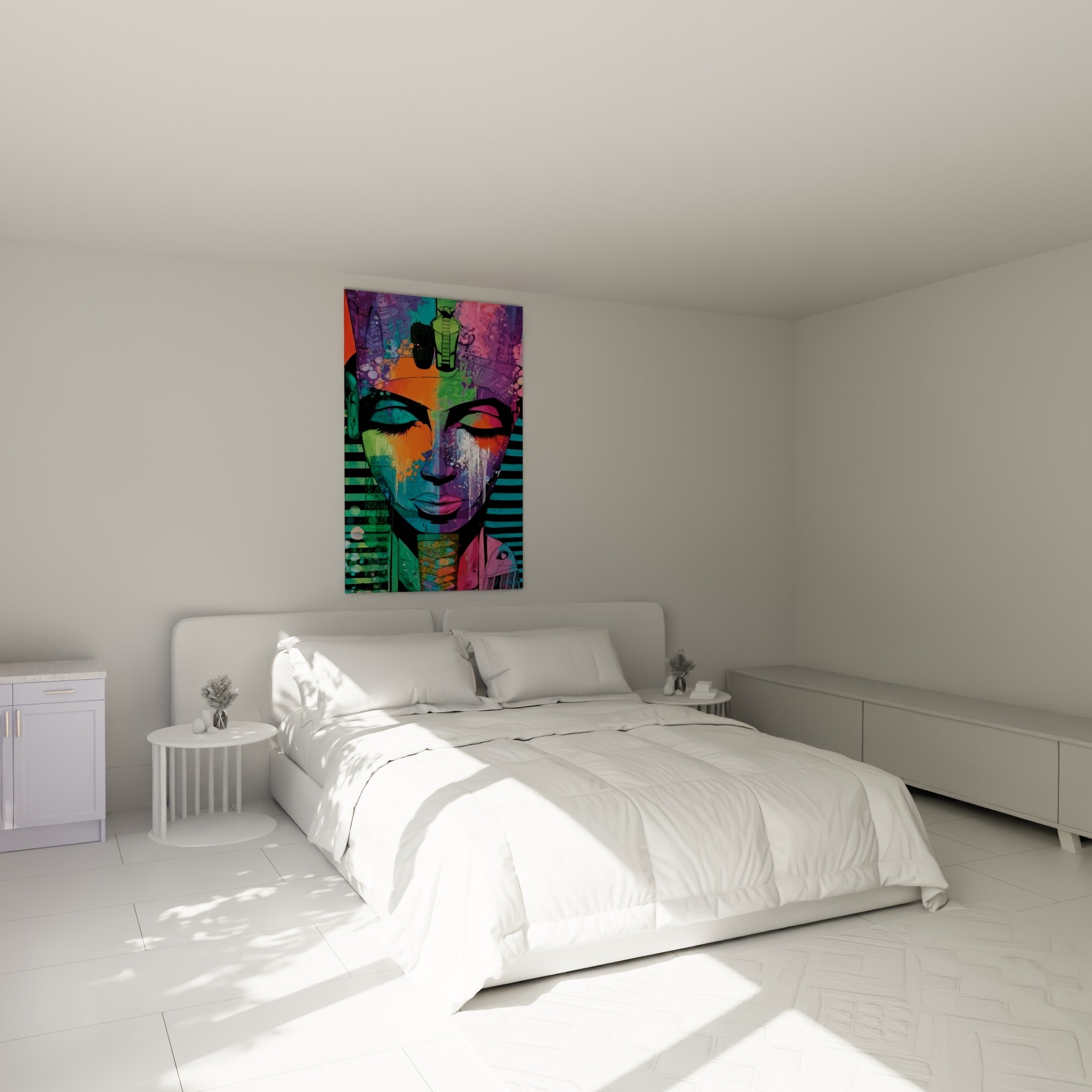 Visage pharaonique violet et vert vif accroché au-dessus d'un lit dans une chambre claire