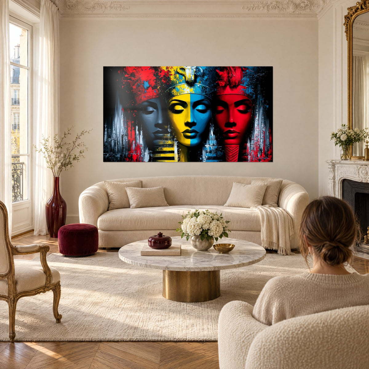 Wall art of three pharaohs with split yellow and blue faces, red headdresses splashed with paint, above a sofa in a bright living room