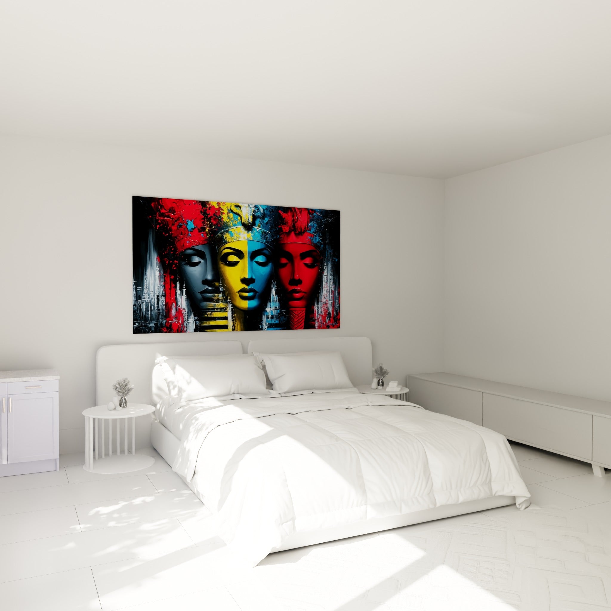 Visages de pharaons rouge et bleu électrique accrochés au-dessus d'un lit dans une chambre claire