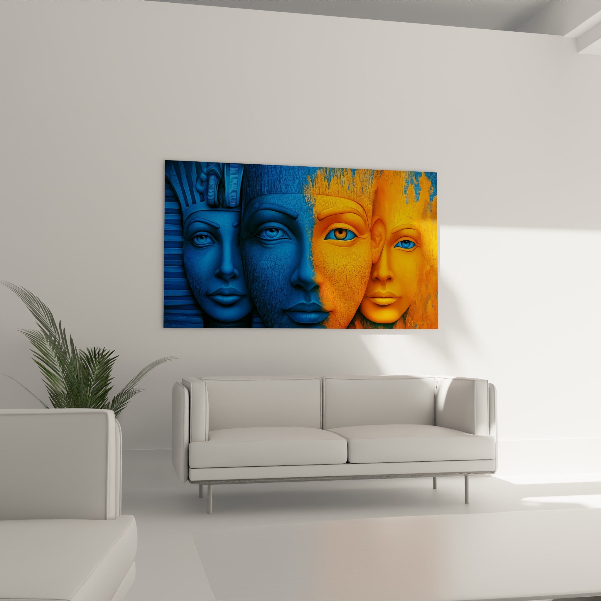 Visages égyptiens bleu profond et orange incandescent au-dessus d'un canapé dans un salon lumineux
