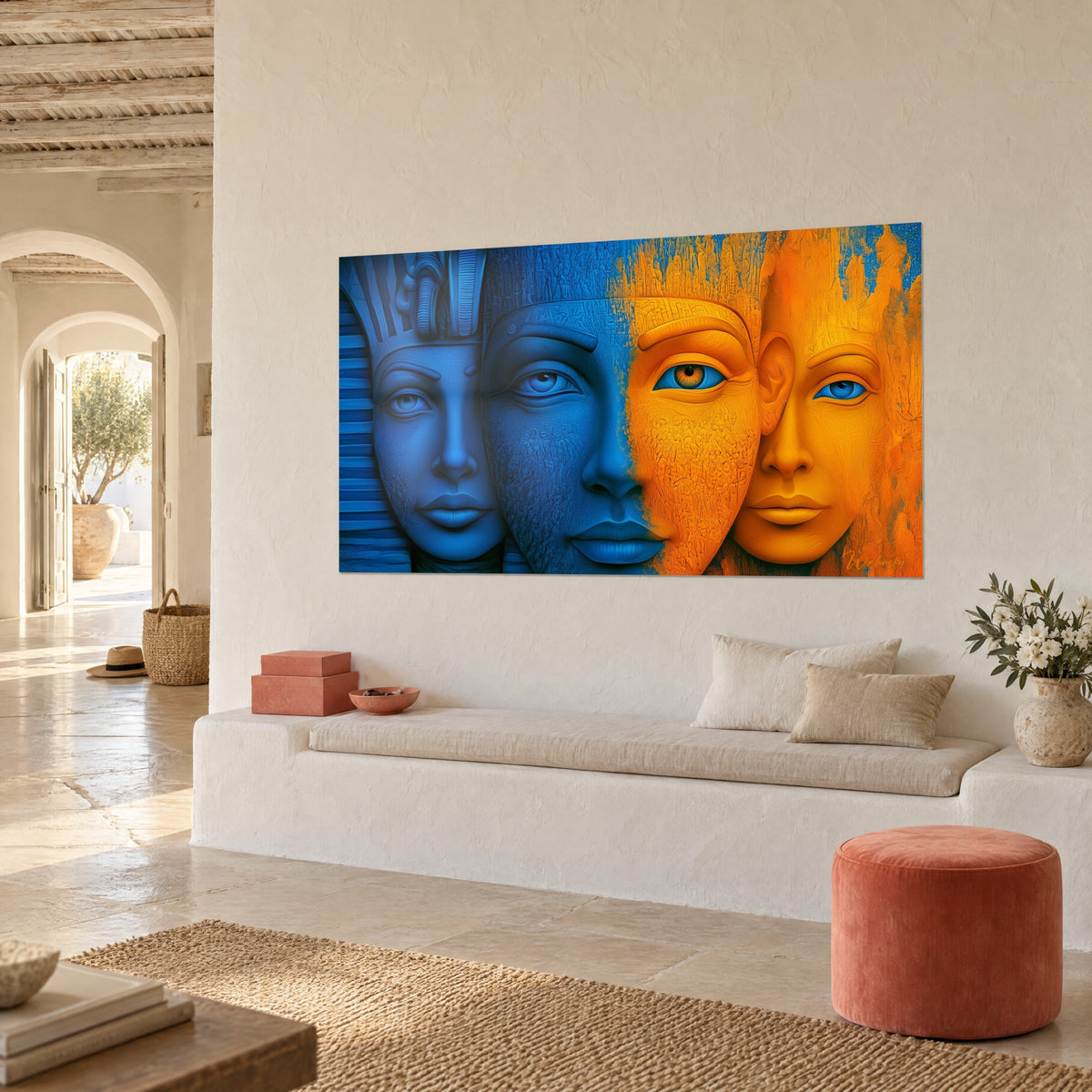 Πίνακας αιγυπτιακές μάσκες, μισό μπλε ultramarine και μισό κρόκου, ραγισμένη επιφάνεια, σε λευκό τοίχο μεσογειακού σπιτιού