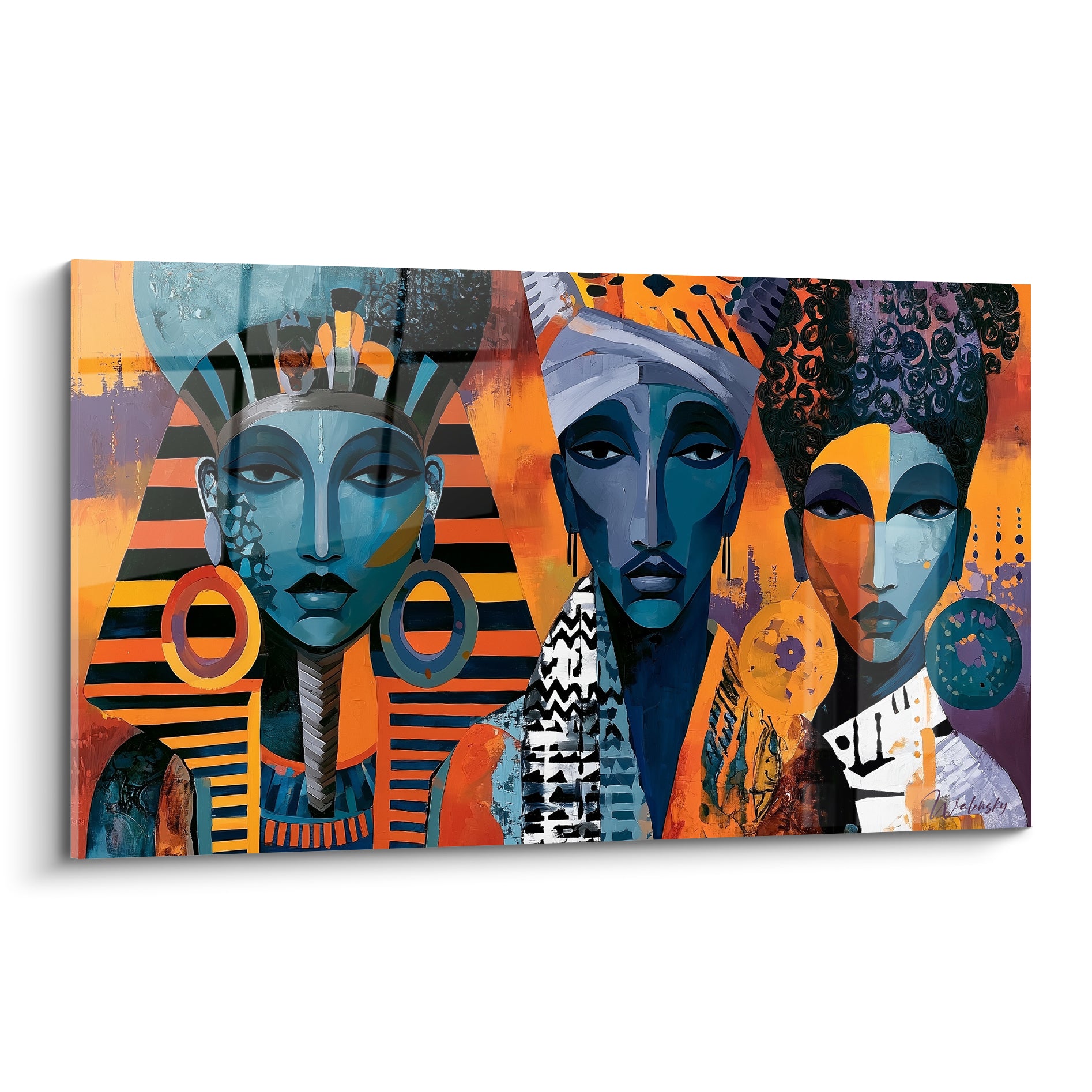 Trois visages pharaoniques bleu marine et orange, coiffe rayée et boucles d'oreilles rondes