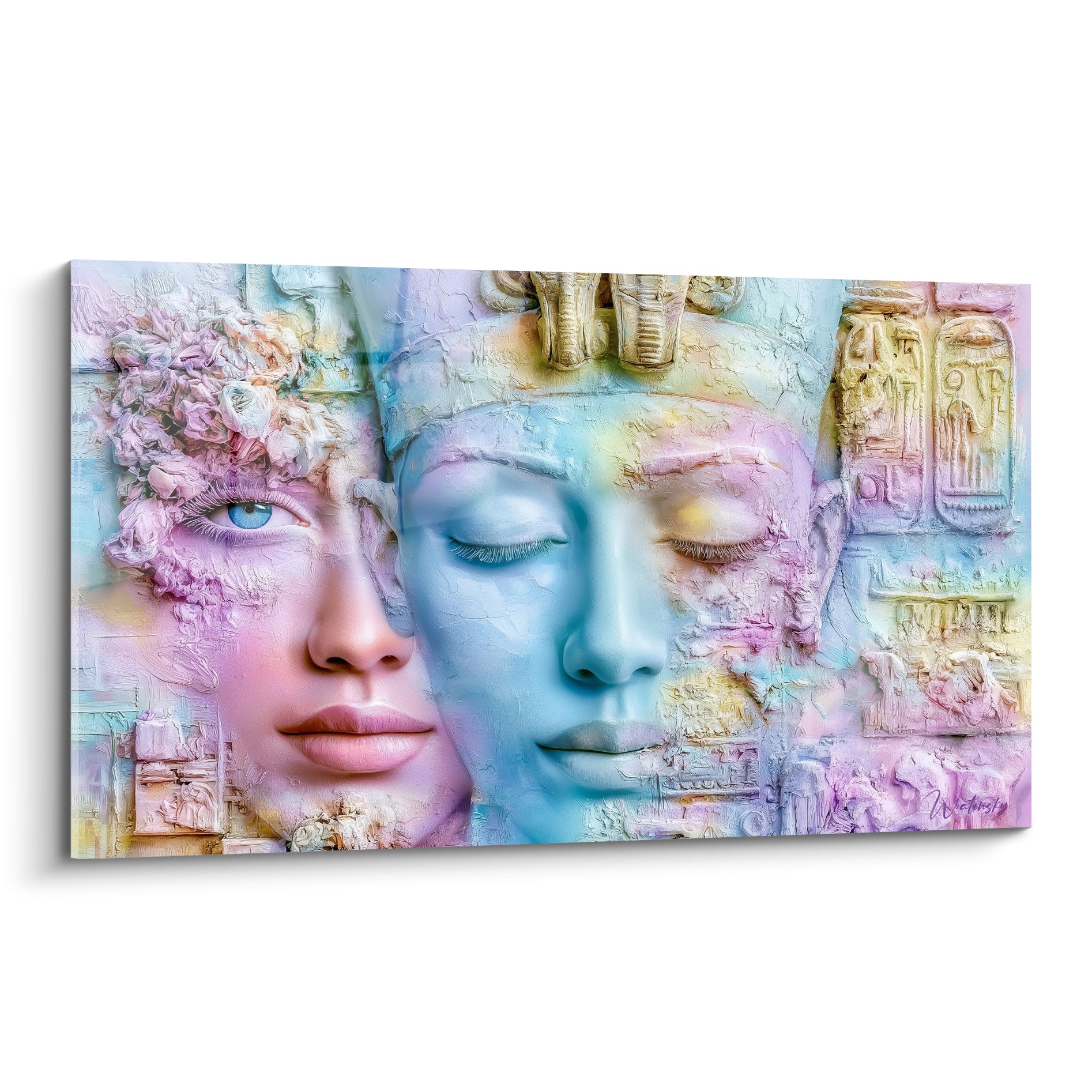 Visages pharaoniques bleu pastel et rose poudré, coiffe dorée gravée d'hiéroglyphes égyptiens