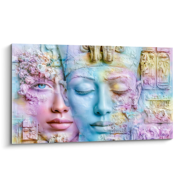 Tableau Visages pharaoniques bleu et rose pastel - Fusion des âges - Edition egypte