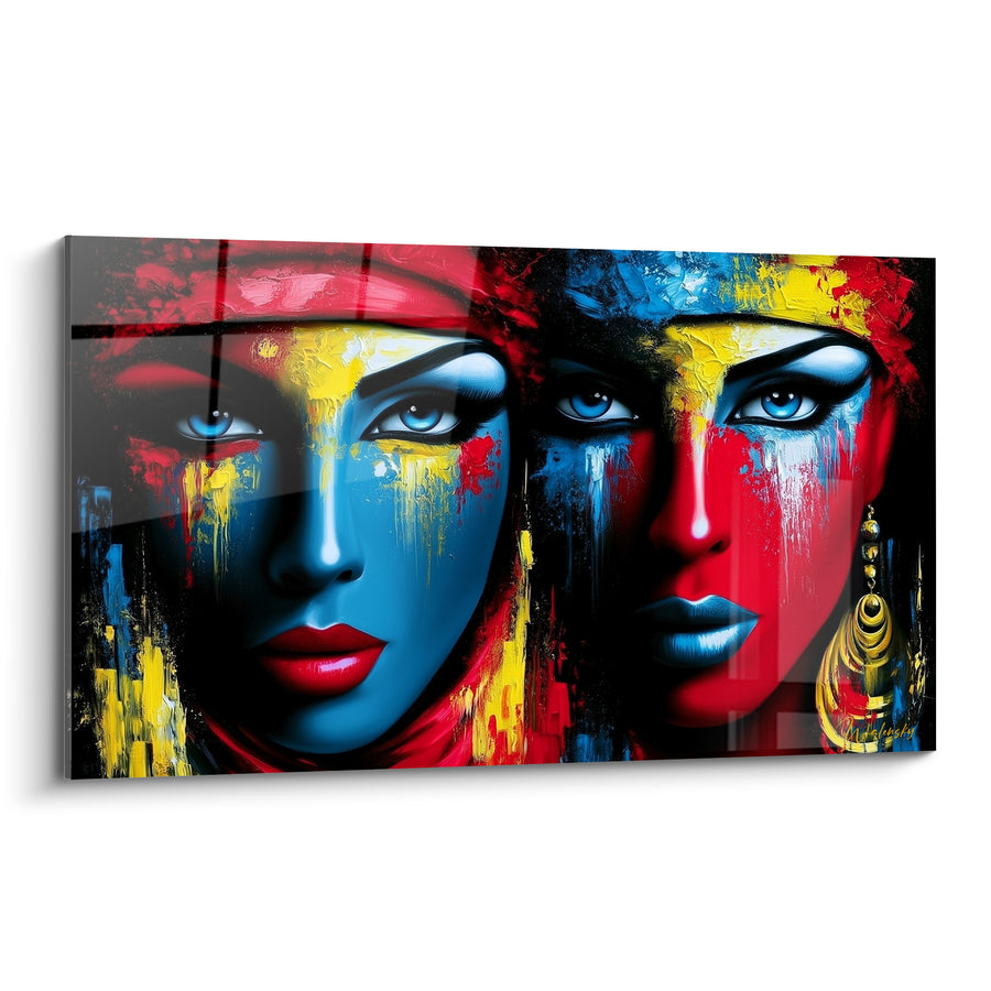 Tableau Deux visages bleu et rouge dorés - Regards jumeaux - Edition egypte