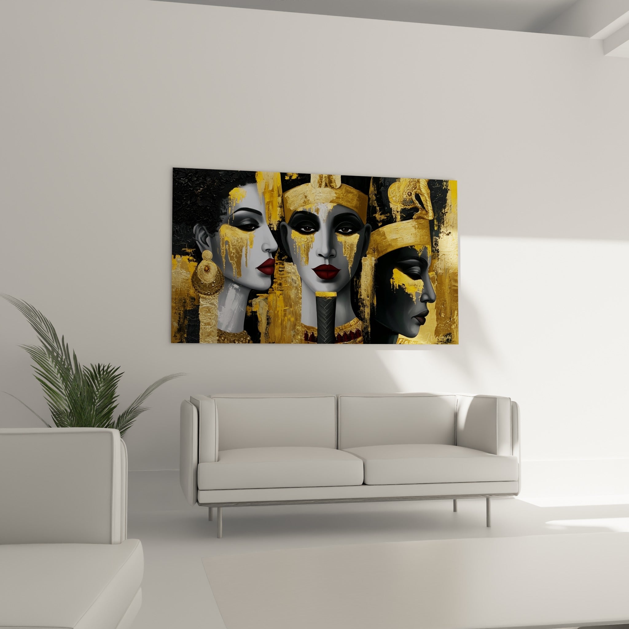 Visages pharaoniques or et noir égypte au-dessus d'un canapé dans un salon lumineux