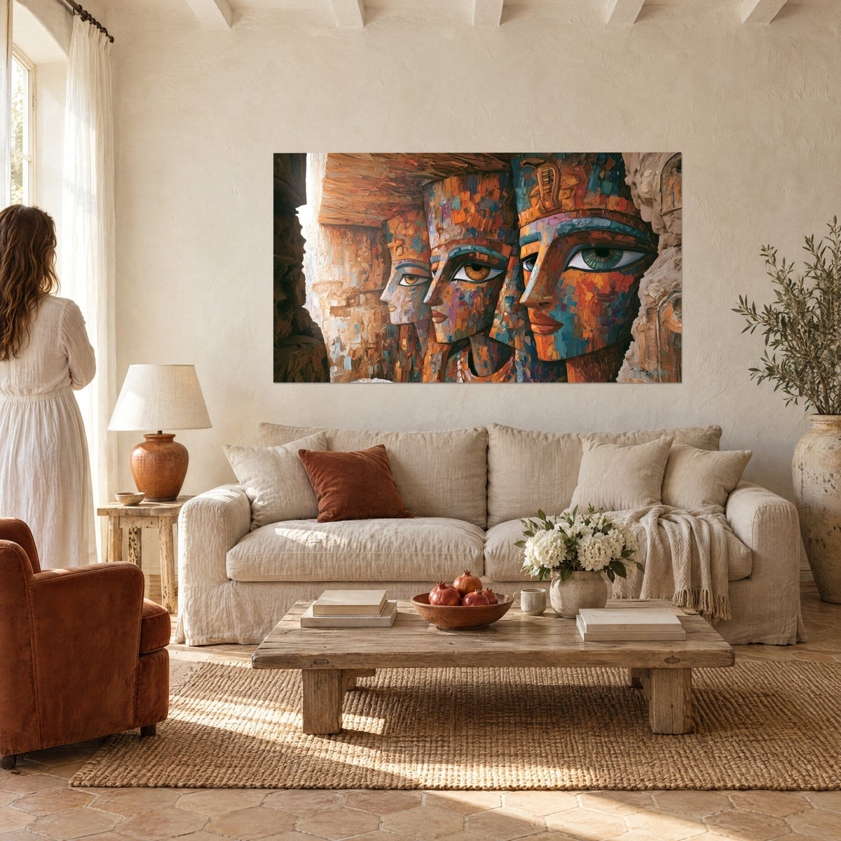 Wall art three carved pharaoh profiles, orange ochre and turquoise blue, amber eyes, above a sofa in a bright living room
