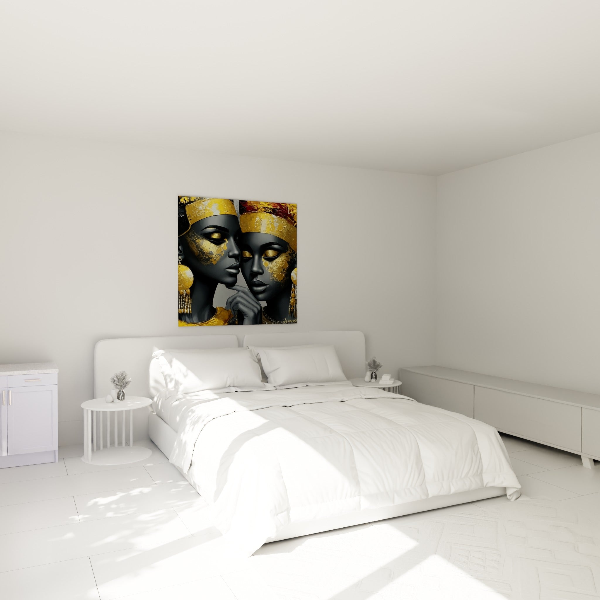 Figures royales égyptiennes anthracite et or au-dessus d'un lit dans une chambre claire