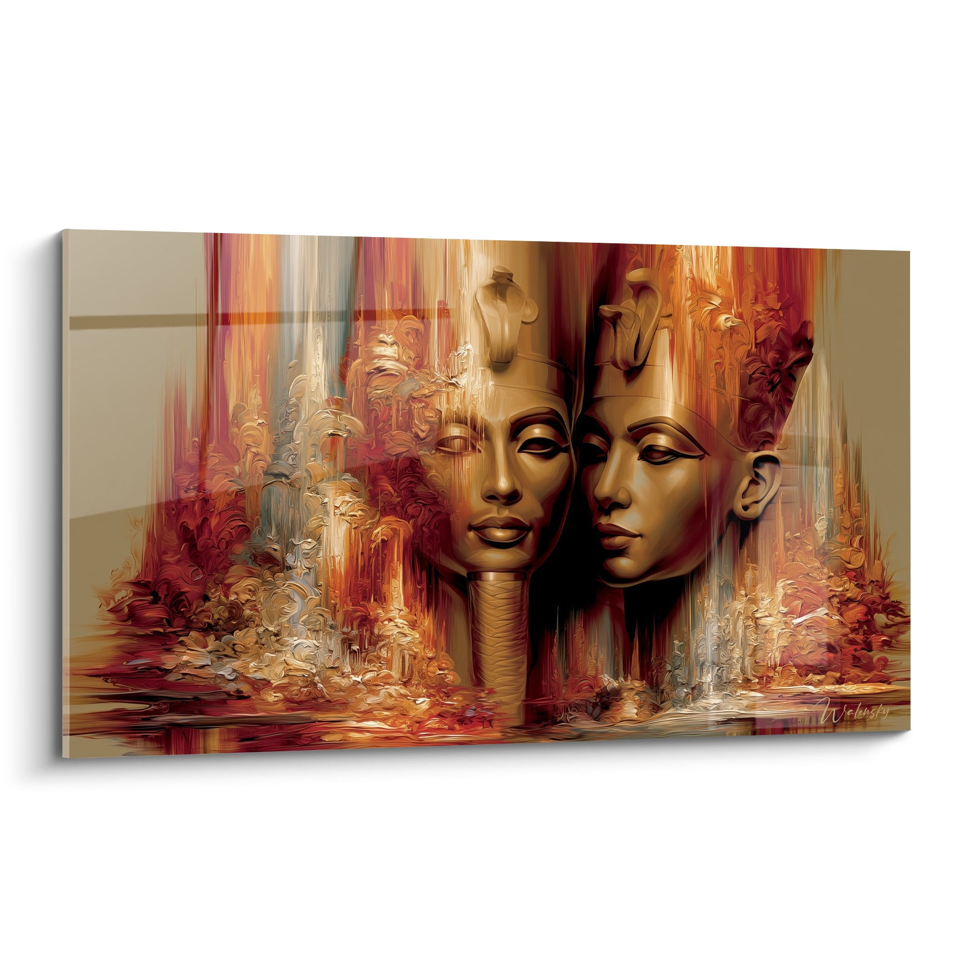 Deux visages pharaoniques dorés et rouges se font face sur un fond de coulures abstraites