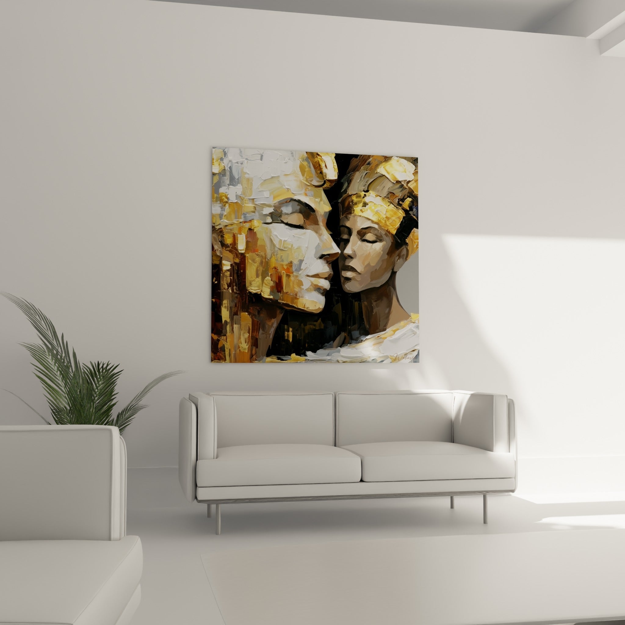 Figures dorées de pharaon et reine égyptiens aux yeux clos, suspendues au-dessus d'un canapé dans un salon lumineux