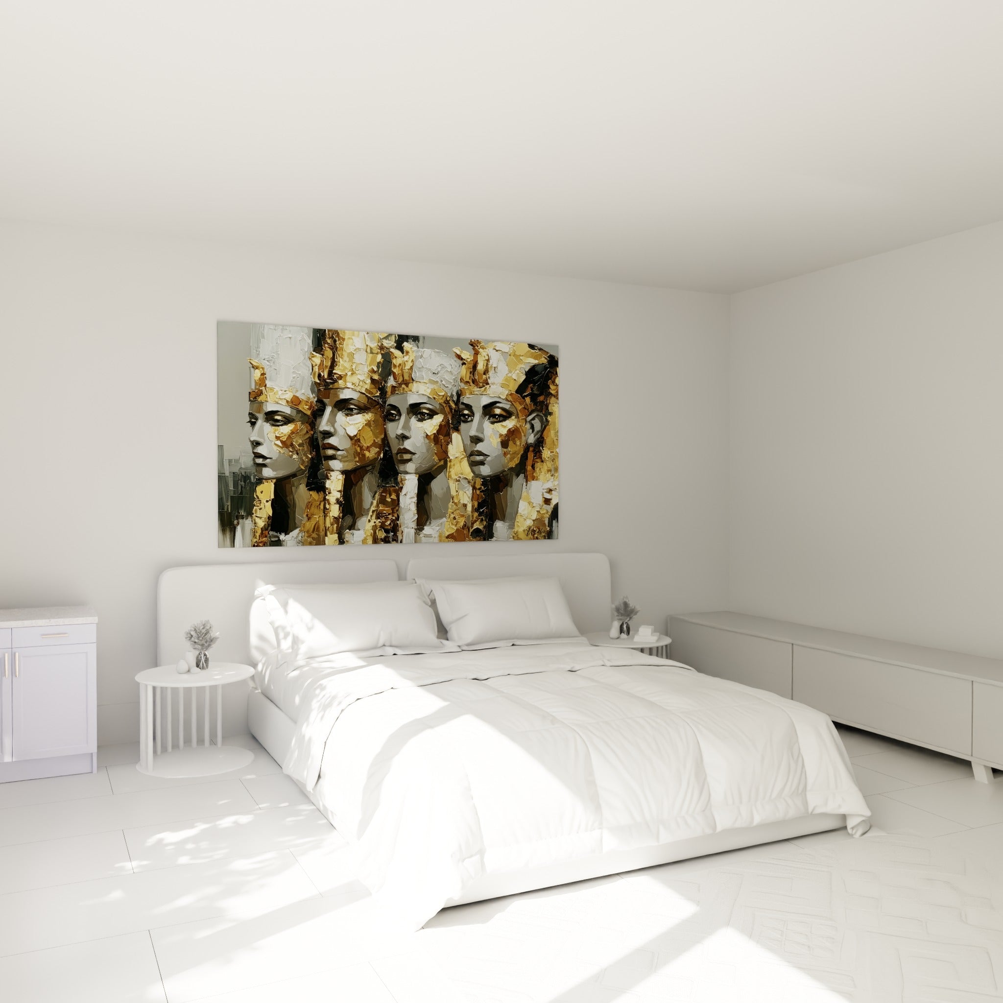 Visages égyptiens dorés en enfilade, traits gris cendré, accrochés au-dessus d'un lit dans une chambre claire