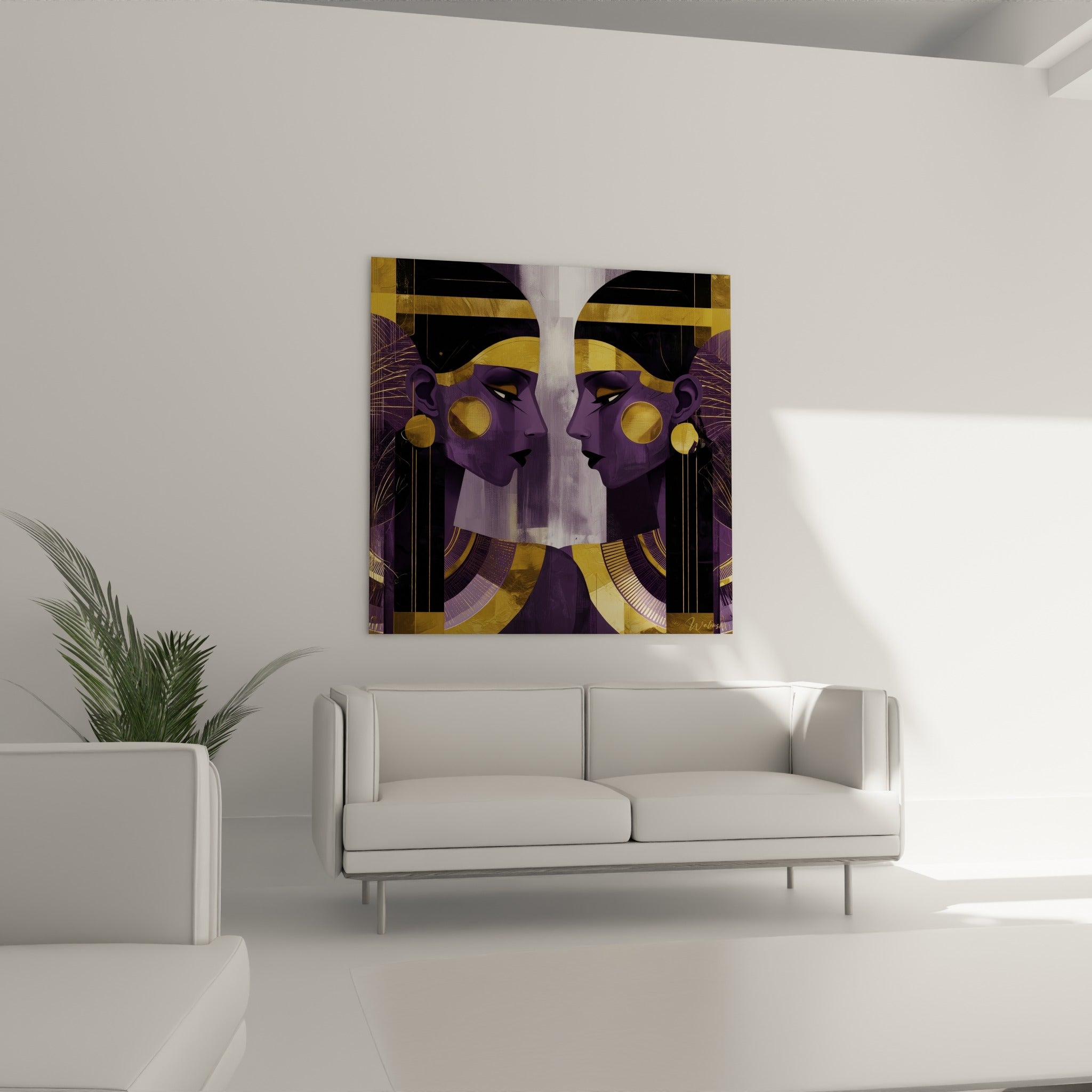 Visages jumeaux violets ornés d'or d'une reine égyptienne au-dessus d'un canapé dans un salon lumineux