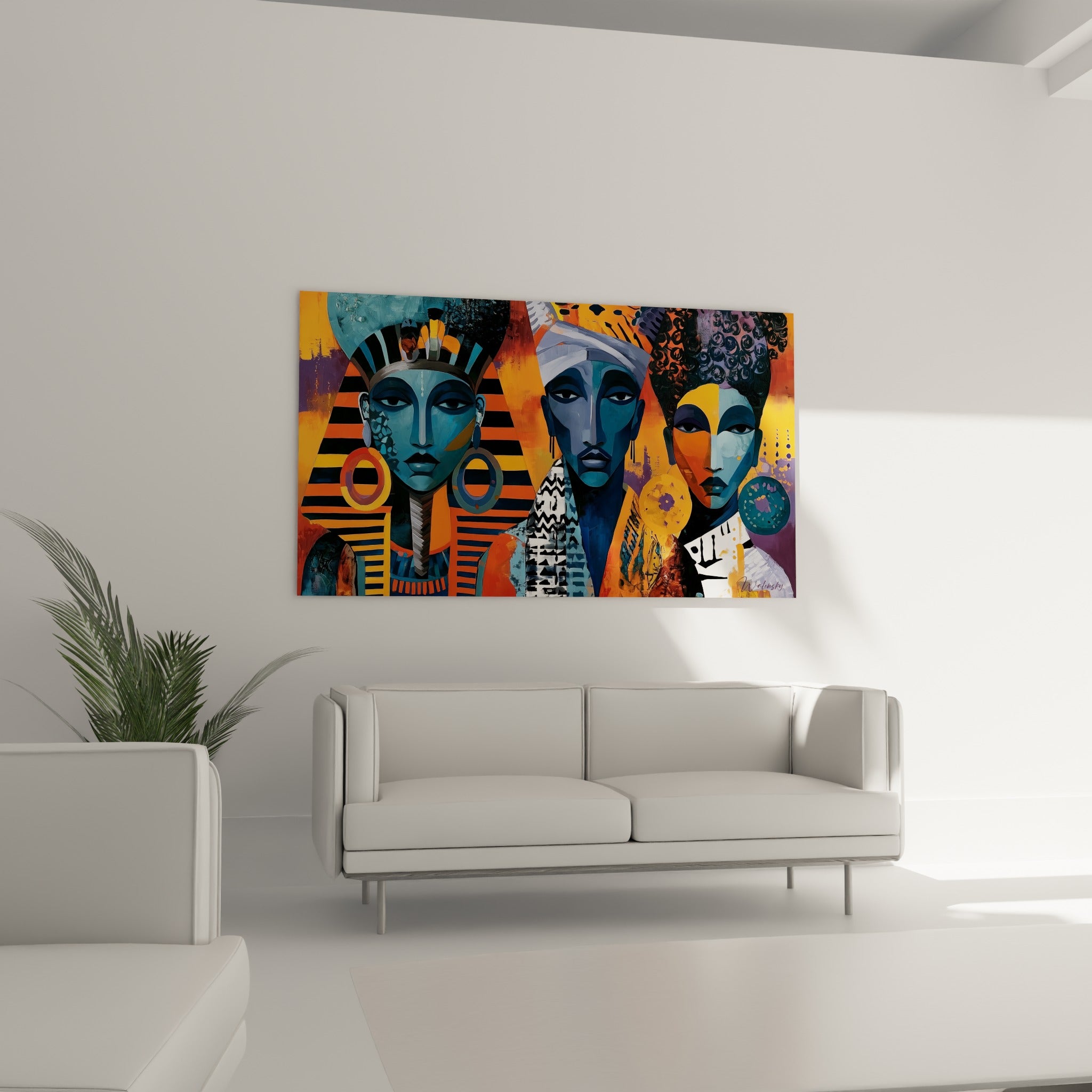Visages stylisés bleu marine et ocre au-dessus d'un canapé dans un salon lumineux