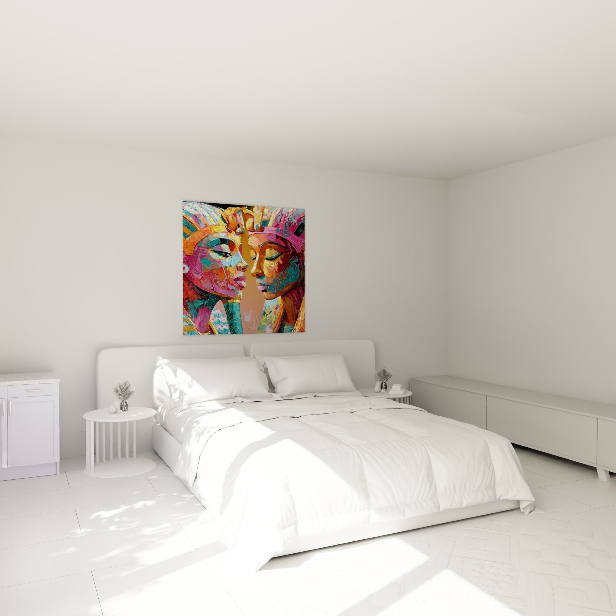 Profils pharaoniques ocre et fuchsia dominent une toile placée au-dessus d'un lit dans une chambre claire