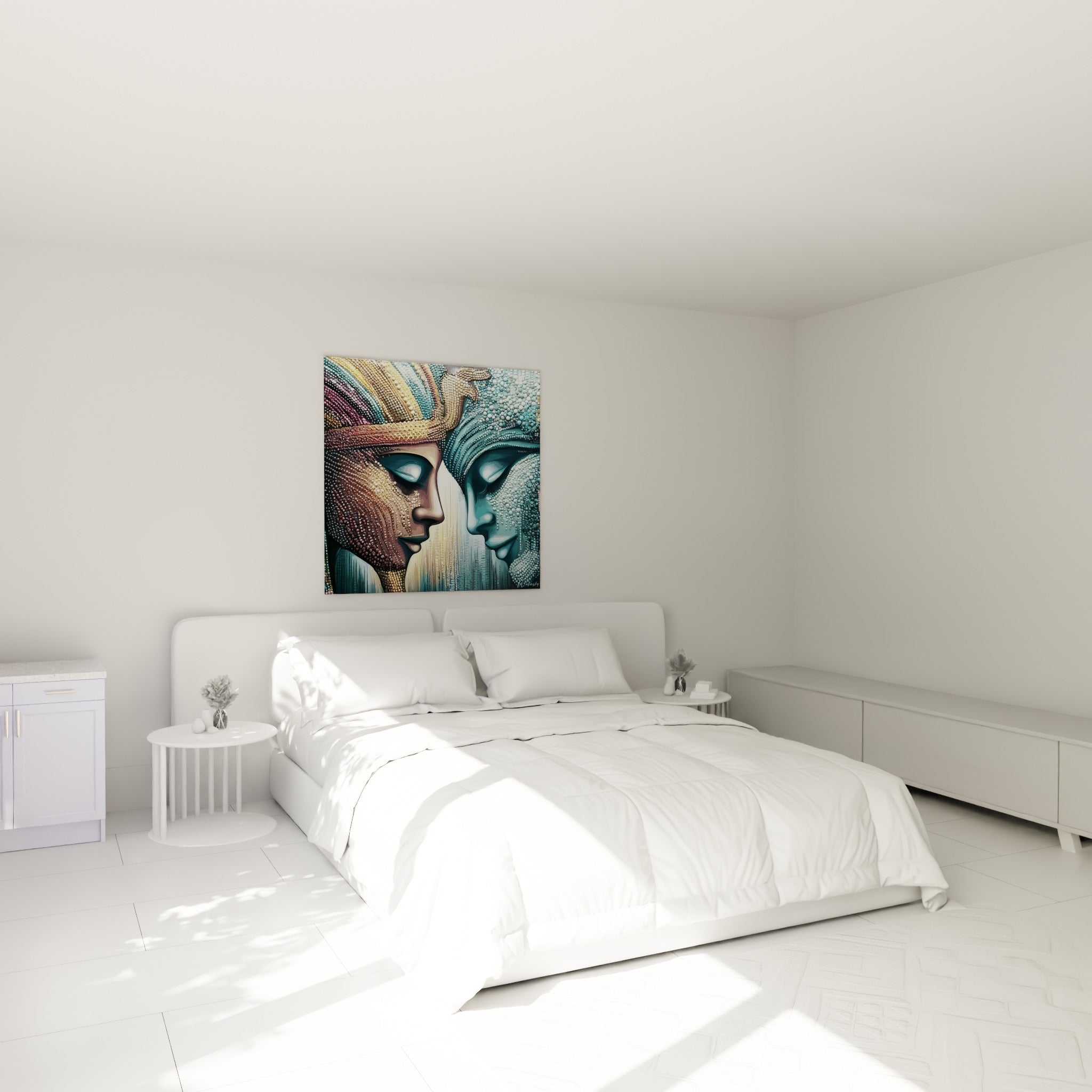 Visages pharaoniques fauve et anthracite se touchant, tableau égypte au-dessus d'un lit dans une chambre claire