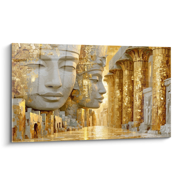 Tableau Visages pharaoniques blancs et dorés devant colonnades - Allée monumentale du temple - Edition egypte
