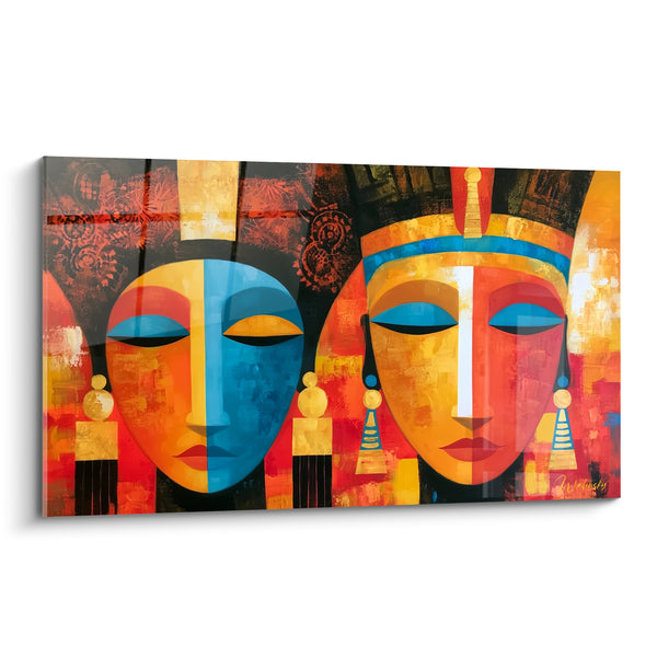 Tableau Visages pharaoniques bleu et orange aux boucles pyramidales - Regards jumeaux mi-clos - Edition egypte