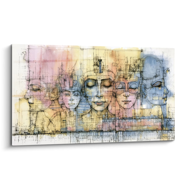 Tableau Visages pharaoniques rose et bleu esquissés au trait - Cinq profils juxtaposés - Edition egypte