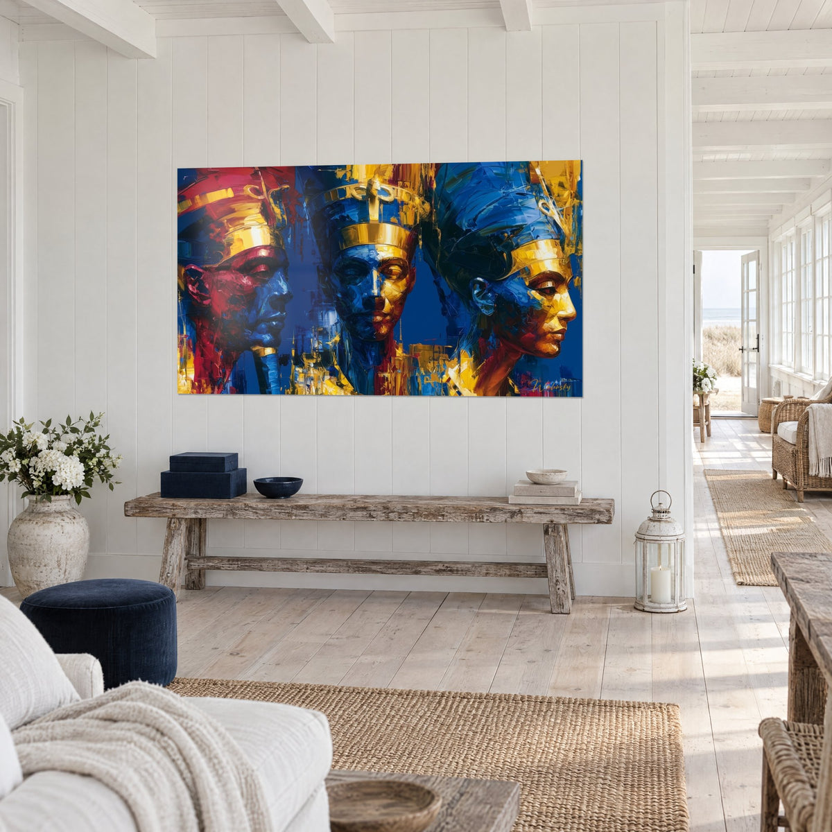 Wall art royal Egyptian triptych with cobalt blue and gold palette-knife strokes, three-quarter view above a wooden bench