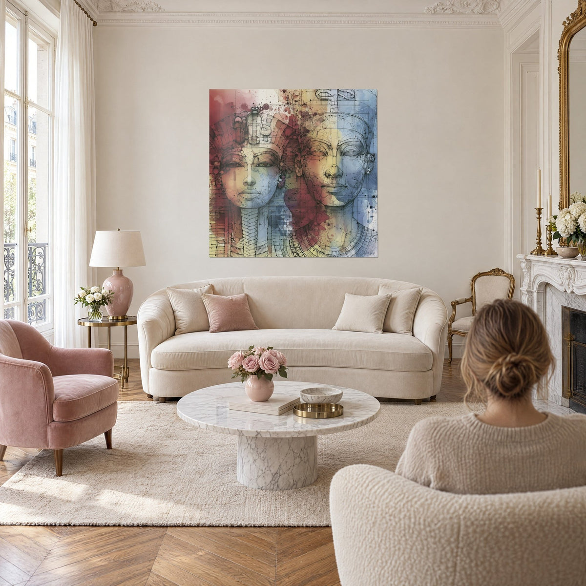 Quadro di due volti di faraoni a schizzo, copricapi a righe bordeaux e blu acciaio, schizzi di acquerello, sopra un divano in un soggiorno luminoso