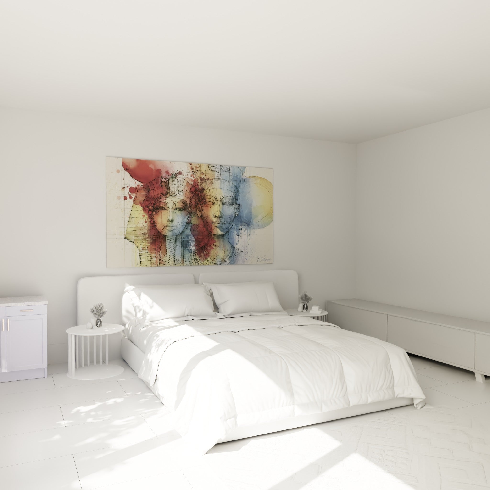 Visages royaux égyptiens en terracotta et bleu marine au-dessus d'un lit dans une chambre claire