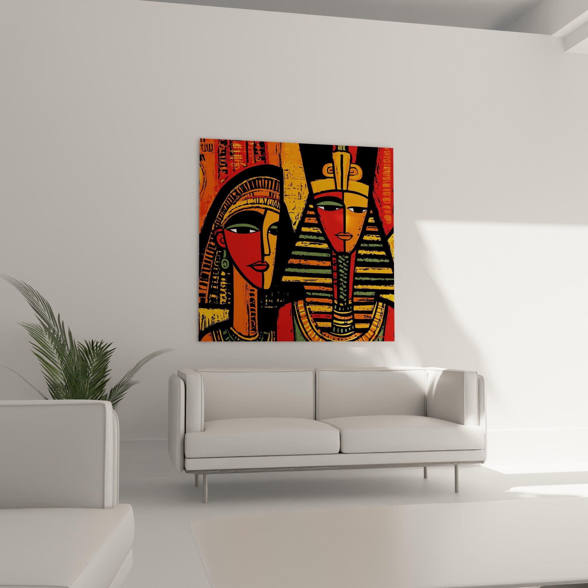 Visages stylisés égyptiens en noir et terracotta au-dessus d'un canapé dans un salon lumineux