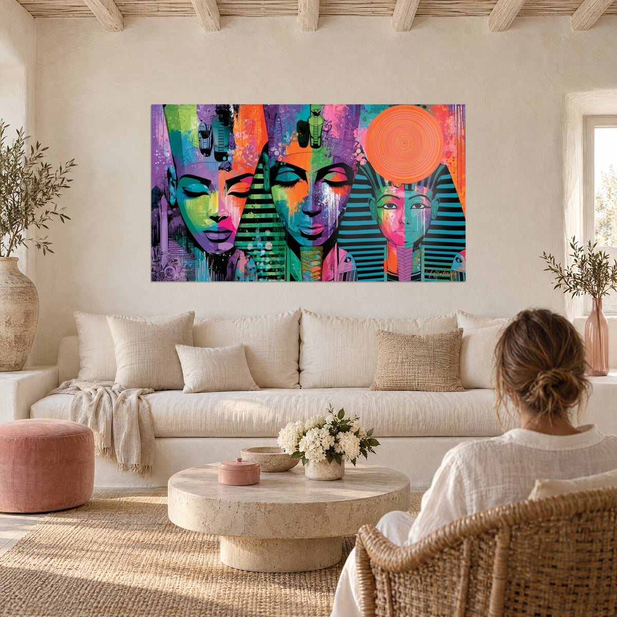 Schilderij triptiek van farao-gezichten met gesloten ogen, paars en turquoise, oranje schijf, boven een bank in een lichte woonkamer