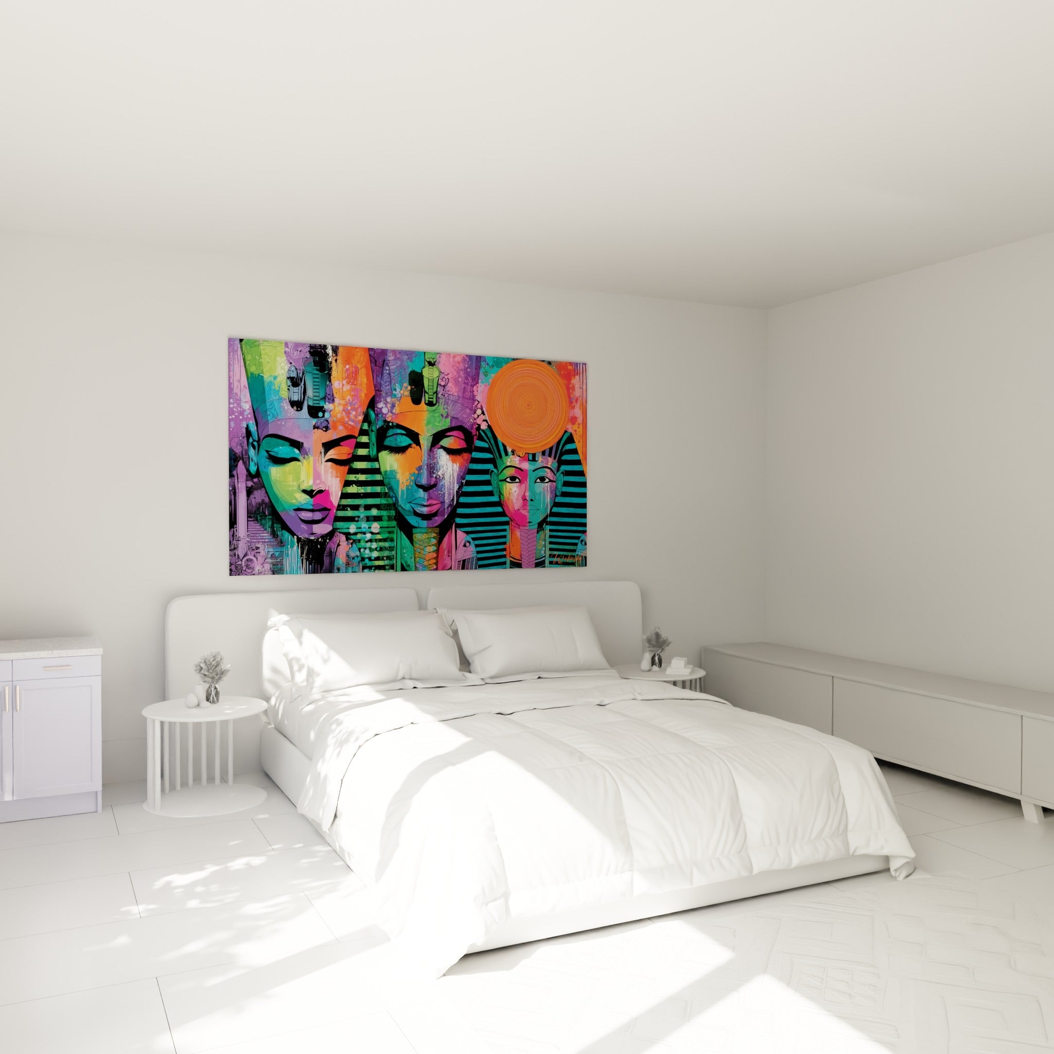 Pharaons colorés violet et orange, scarabées dorés, au-dessus d'un lit dans une chambre claire