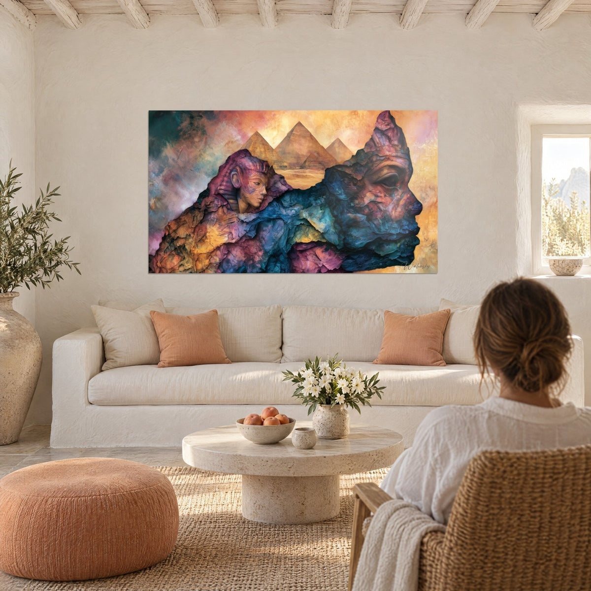 Wall art sphinx in blue and ochre stone in front of three golden pyramids, above a sofa in a bright living room