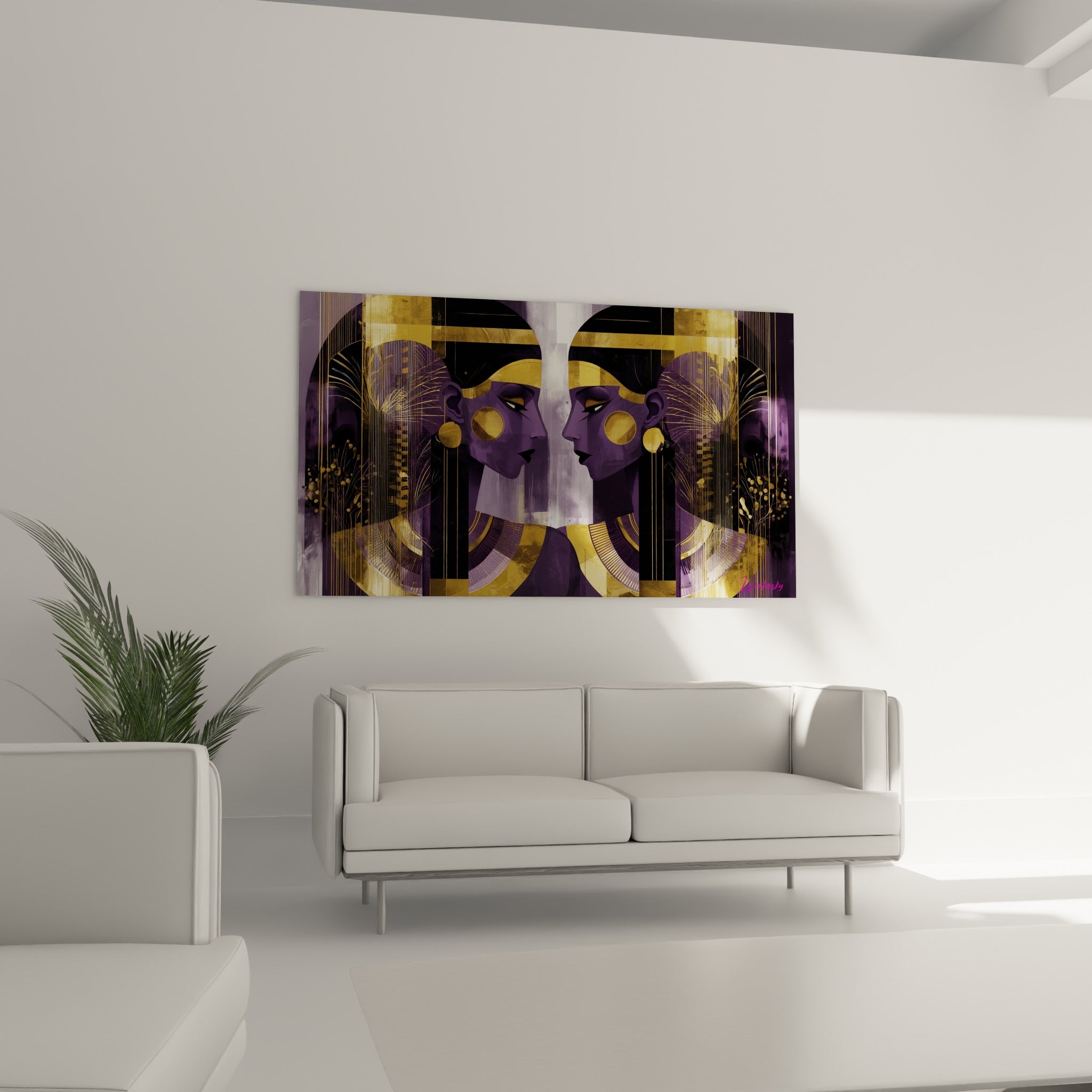 Visages dorés et violets des reines égyptiennes au-dessus d'un canapé dans un salon lumineux